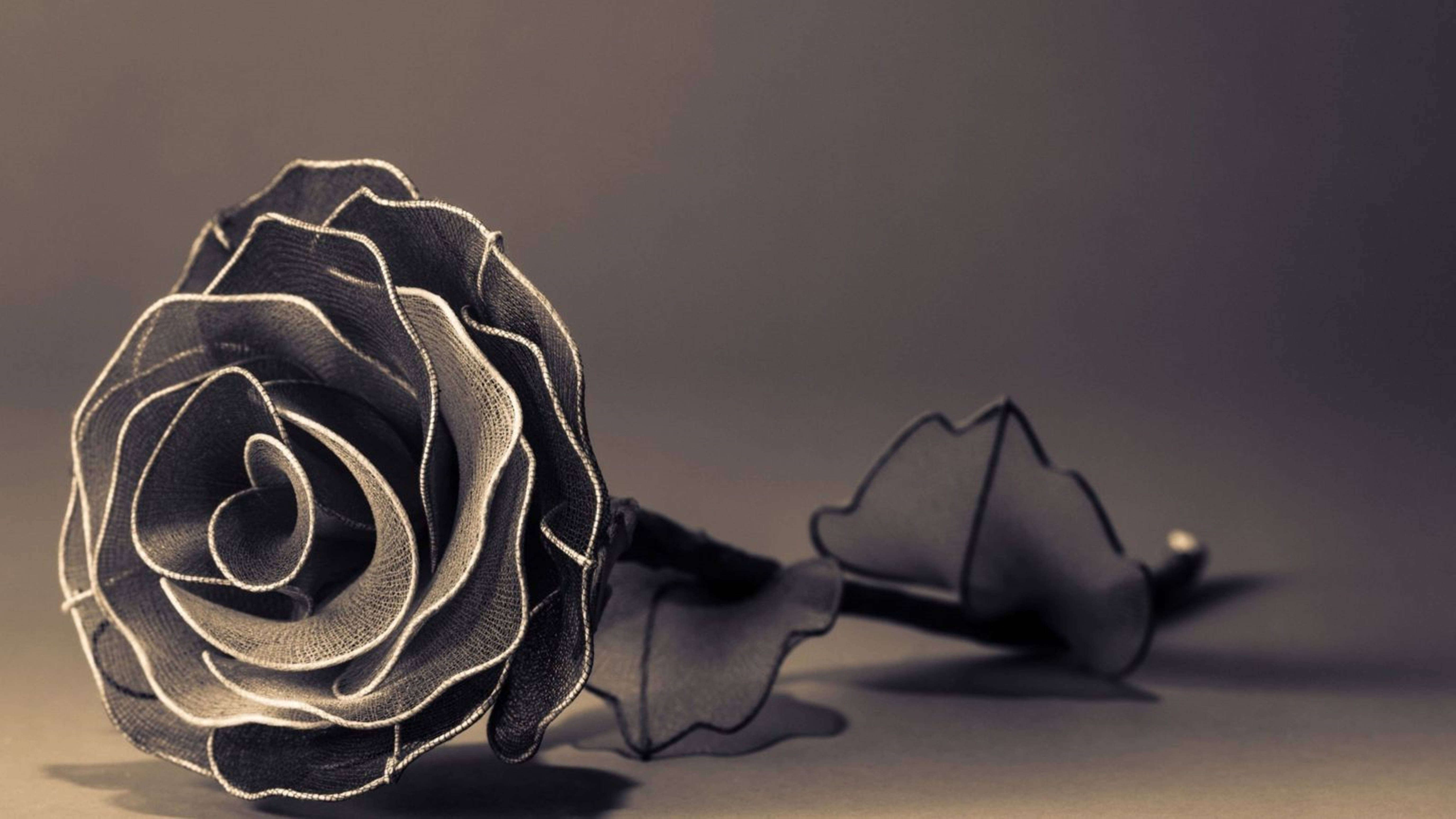 4K Imitated Black Rose, black fabric rose, silver thread detailing, 5K Desktop Wallpaper