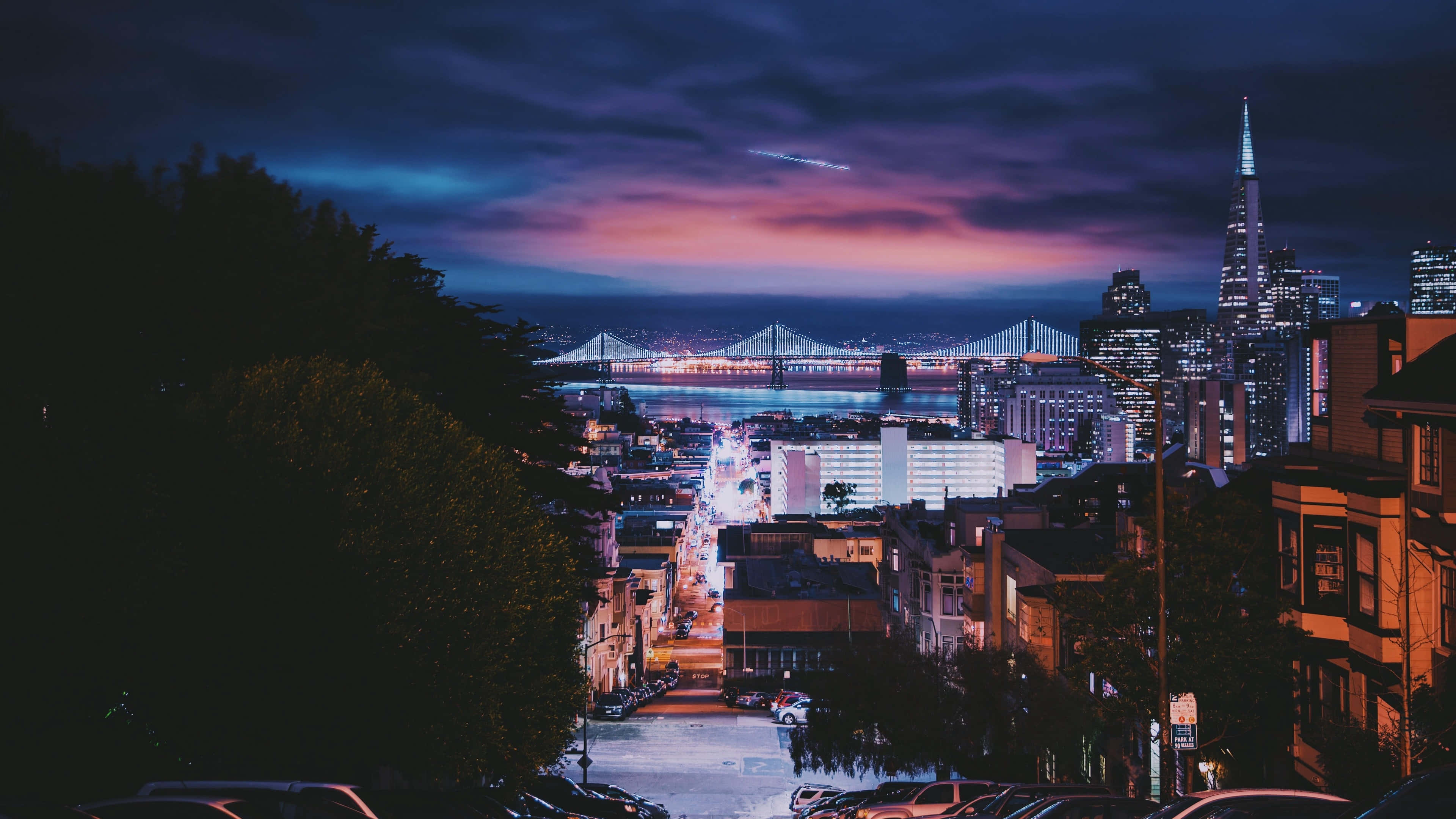 San Francisco, night skyline, glowing bridge, 4K Desktop Wallpaper