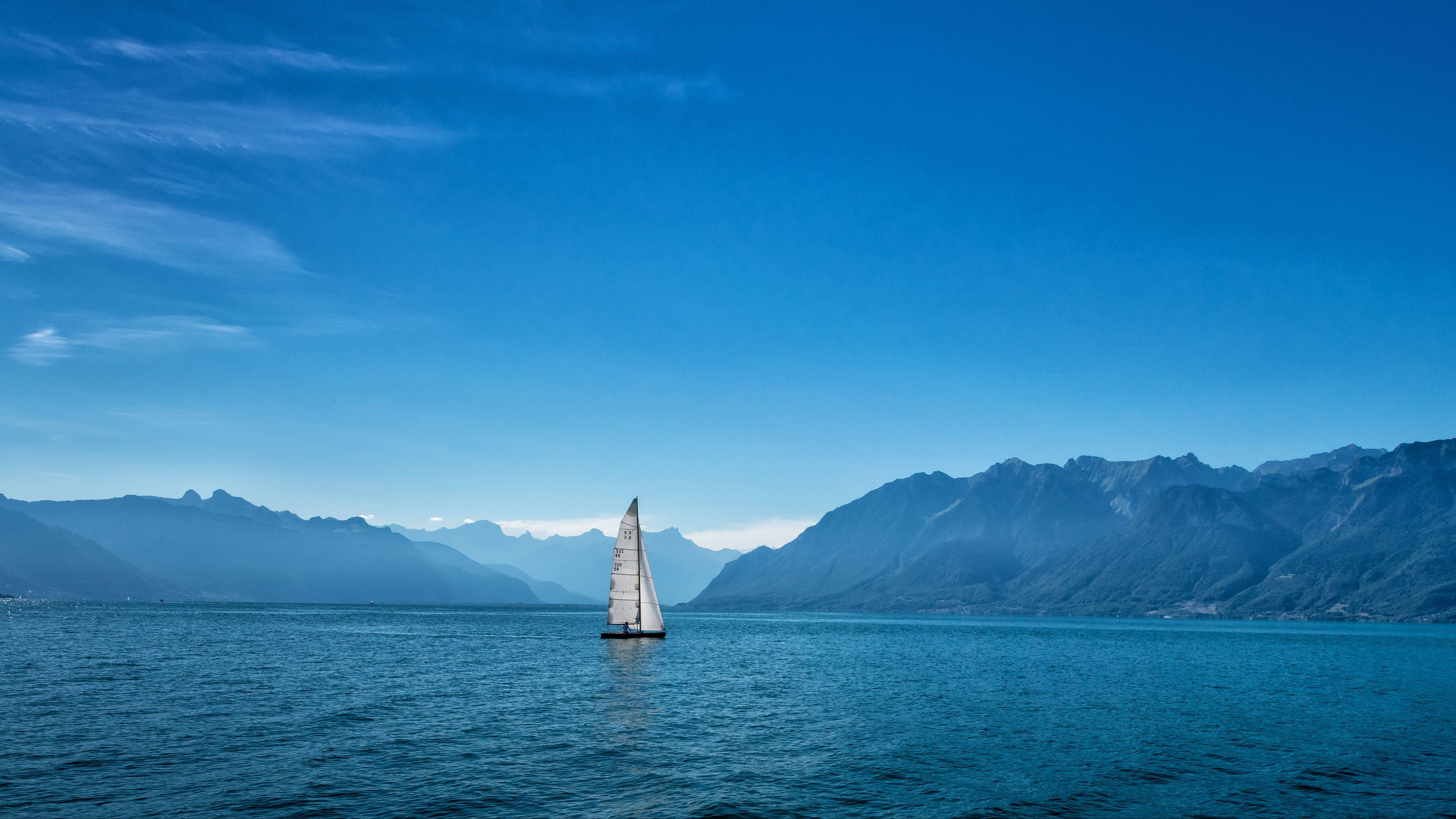 Ocean 4K Sky Sailboat, sailboat, vast blue lake, 4K Desktop Wallpaper