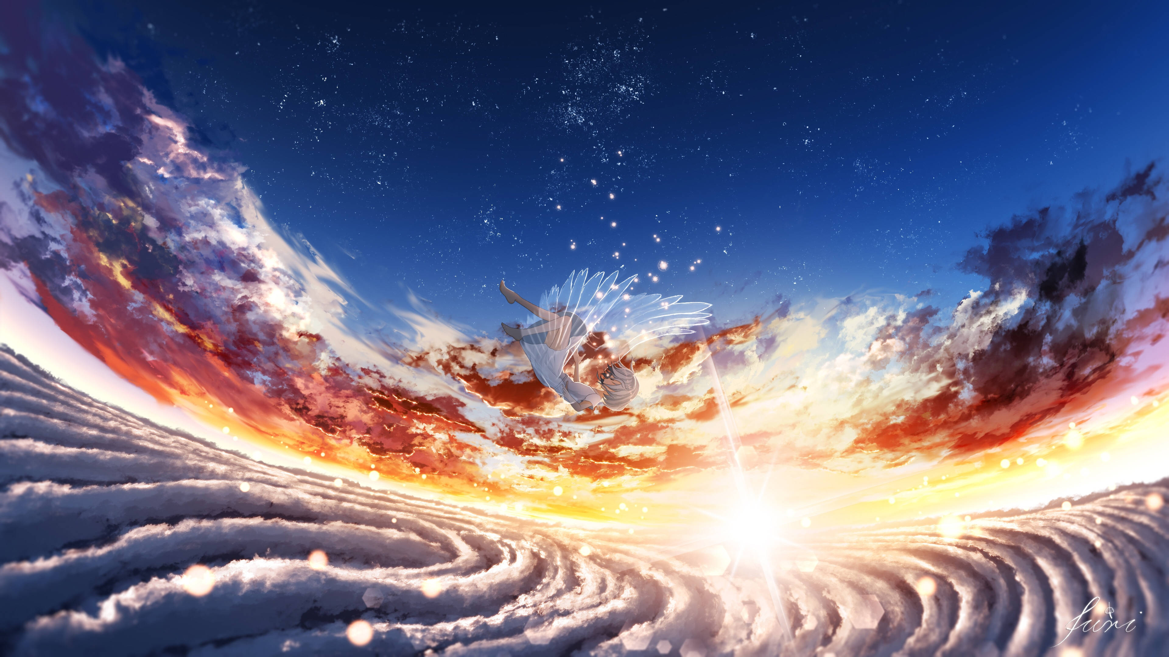 4K Sky, glowing winged figure, swirling cloud sea, 4K Desktop Wallpaper