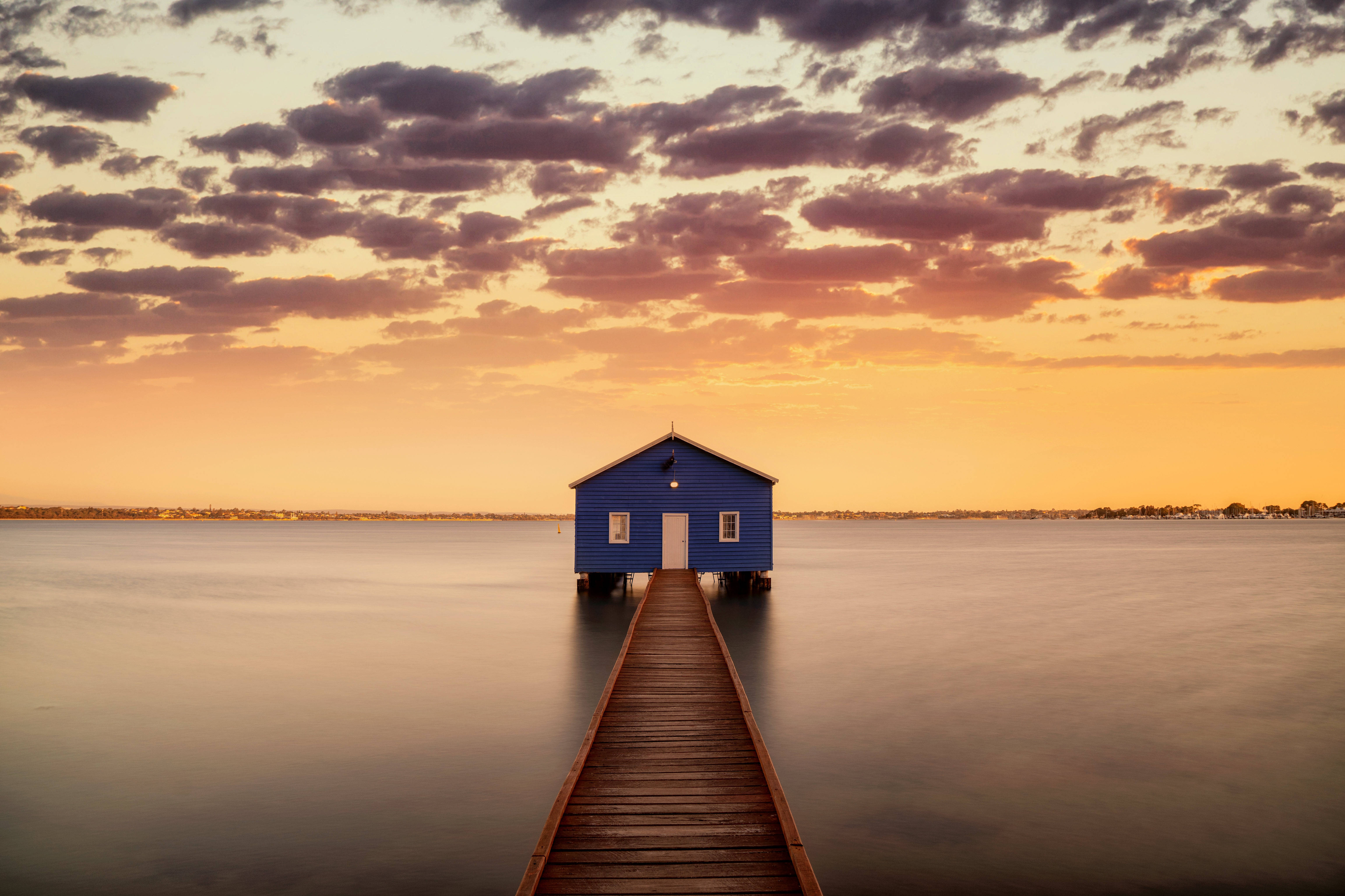 4K Sky, blue boathouse, wooden pier, 5K Desktop Wallpaper
