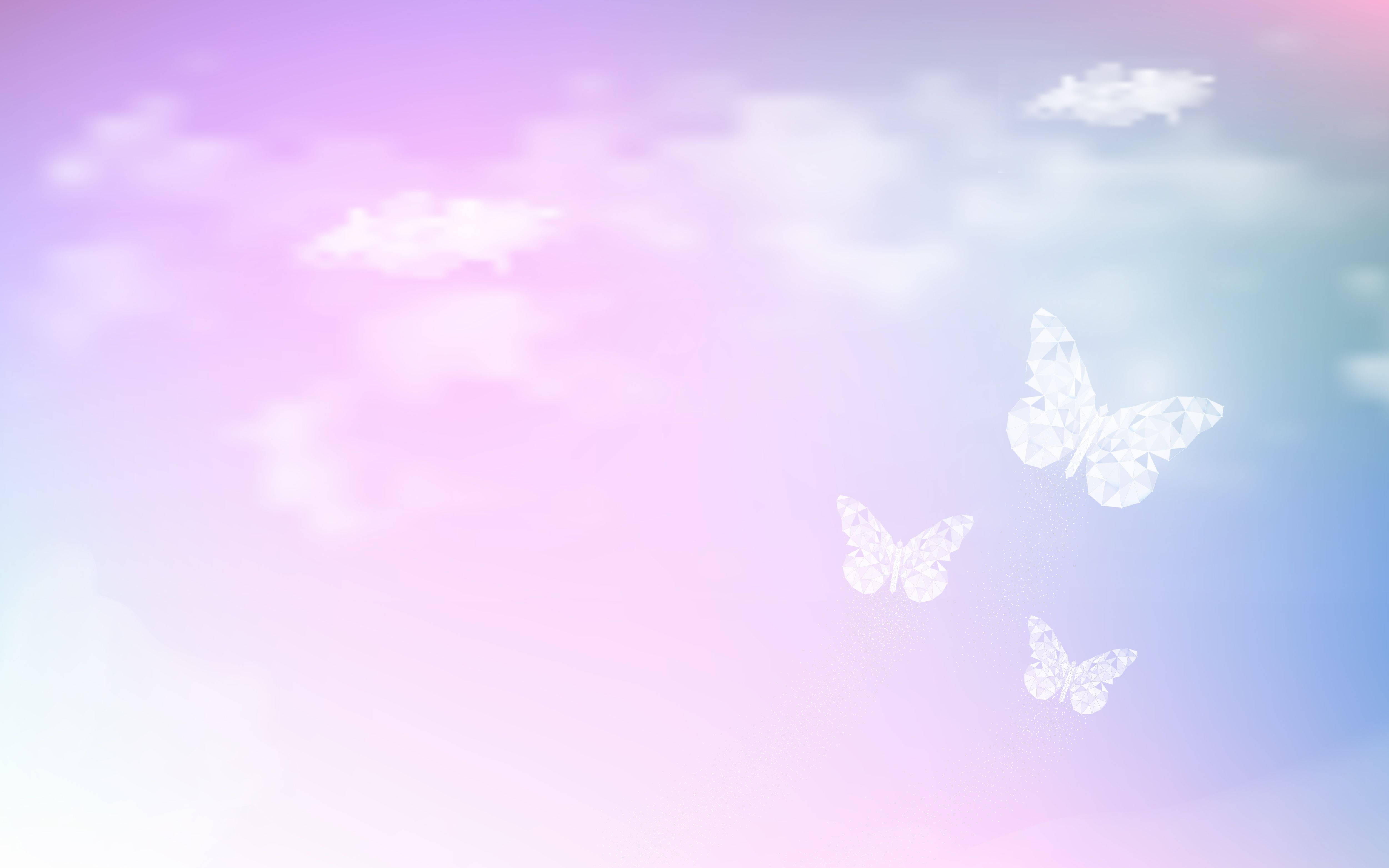 pastel 4k dreamy sky, lavender and mint green clouds, white butterflies, 4K Desktop Wallpaper