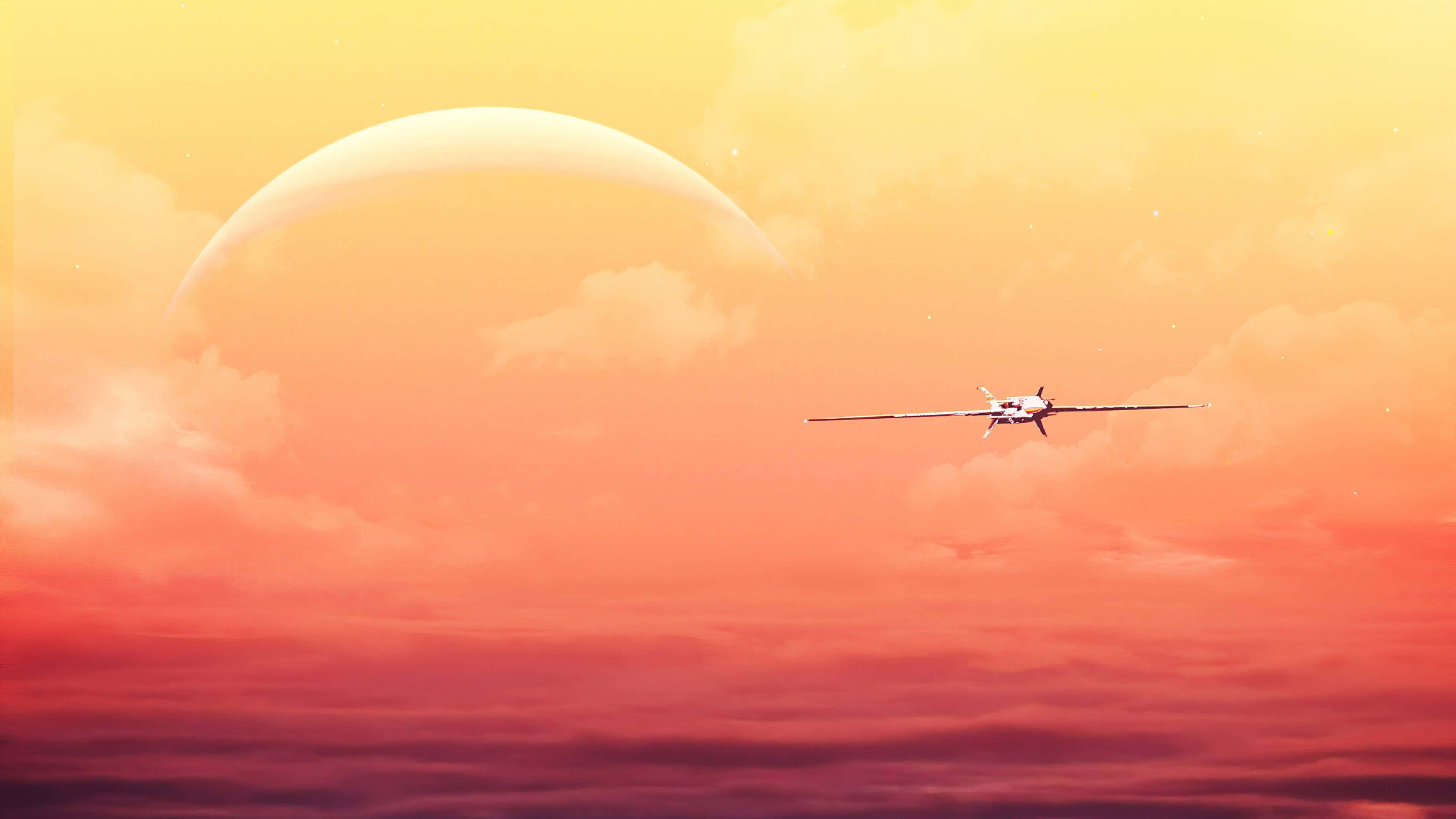 4K Planes, sunset sky, glowing planet, 4K Desktop Wallpaper