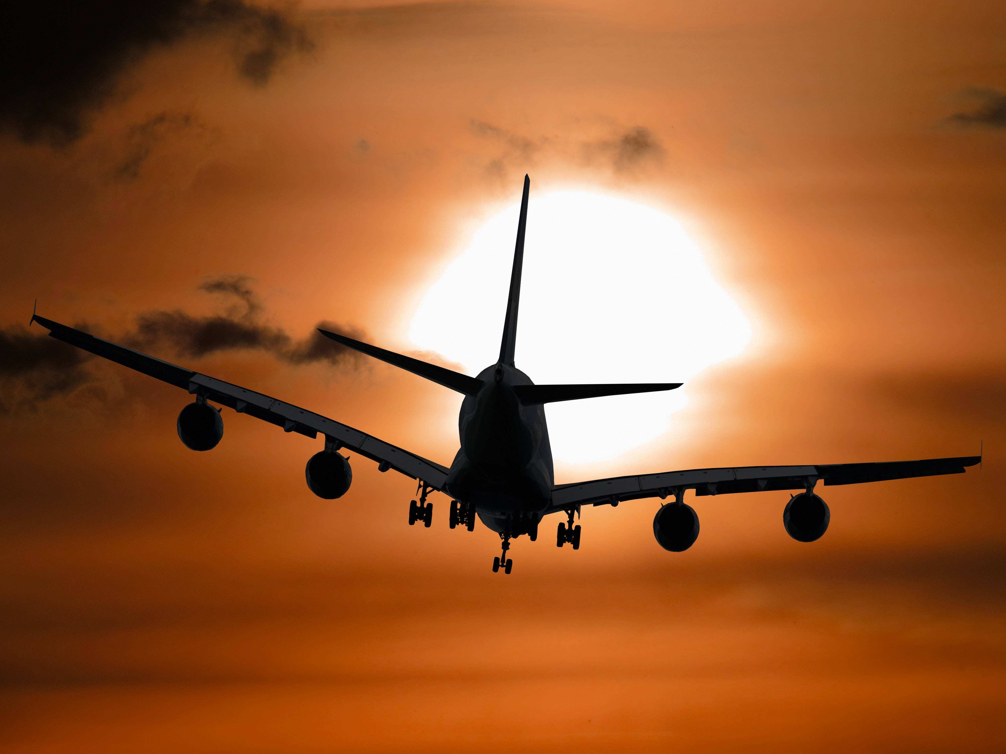 4K Sky, airplane, orange sunset, 4K Desktop Wallpaper
