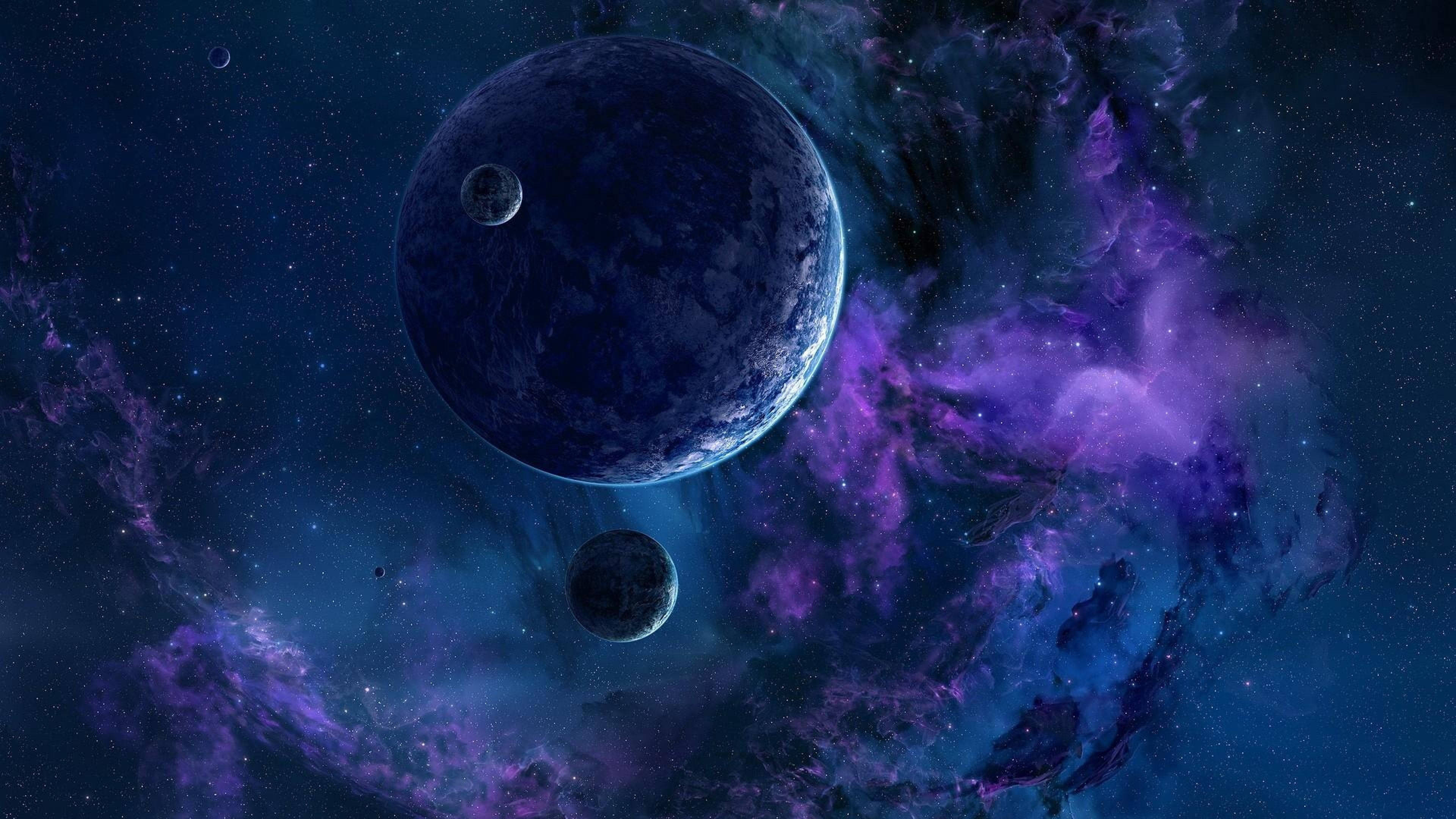 Dark Blue HD 4K Space, blue planet, two moons, 4K Desktop Wallpaper