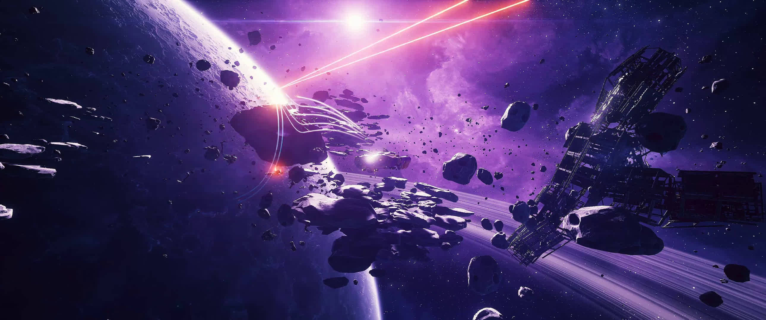 futuristic spaceship, vibrant purple asteroid field, glowing planet, 2K Desktop Wallpaper