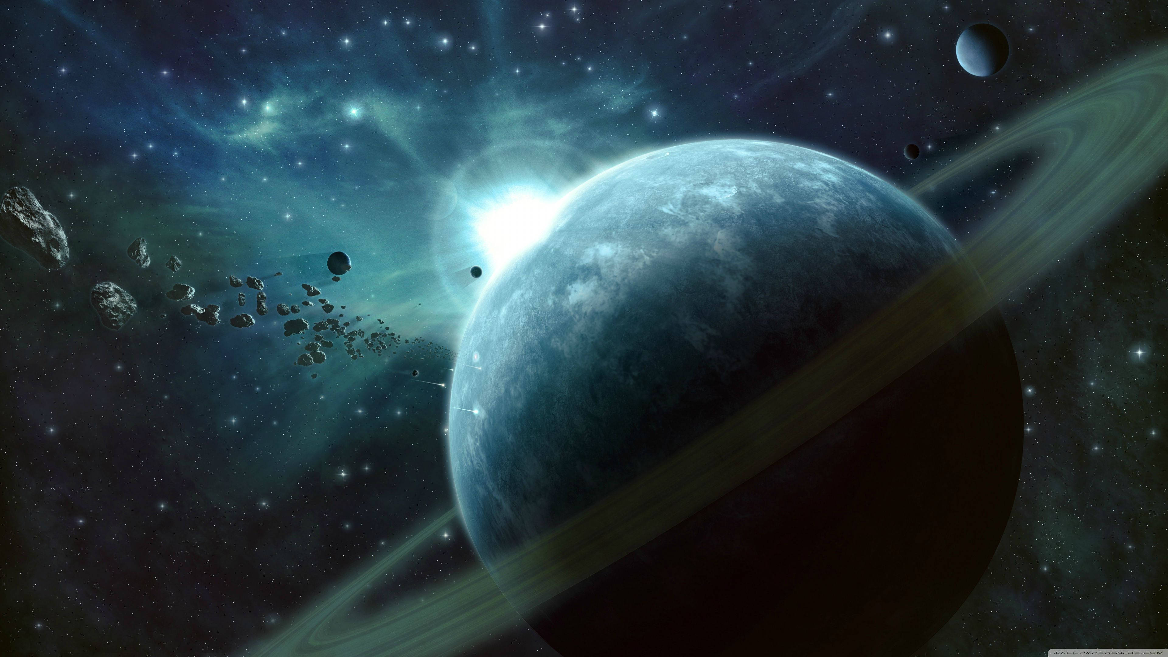 4K Space, ringed planet, blue planet, 4K Desktop Wallpaper