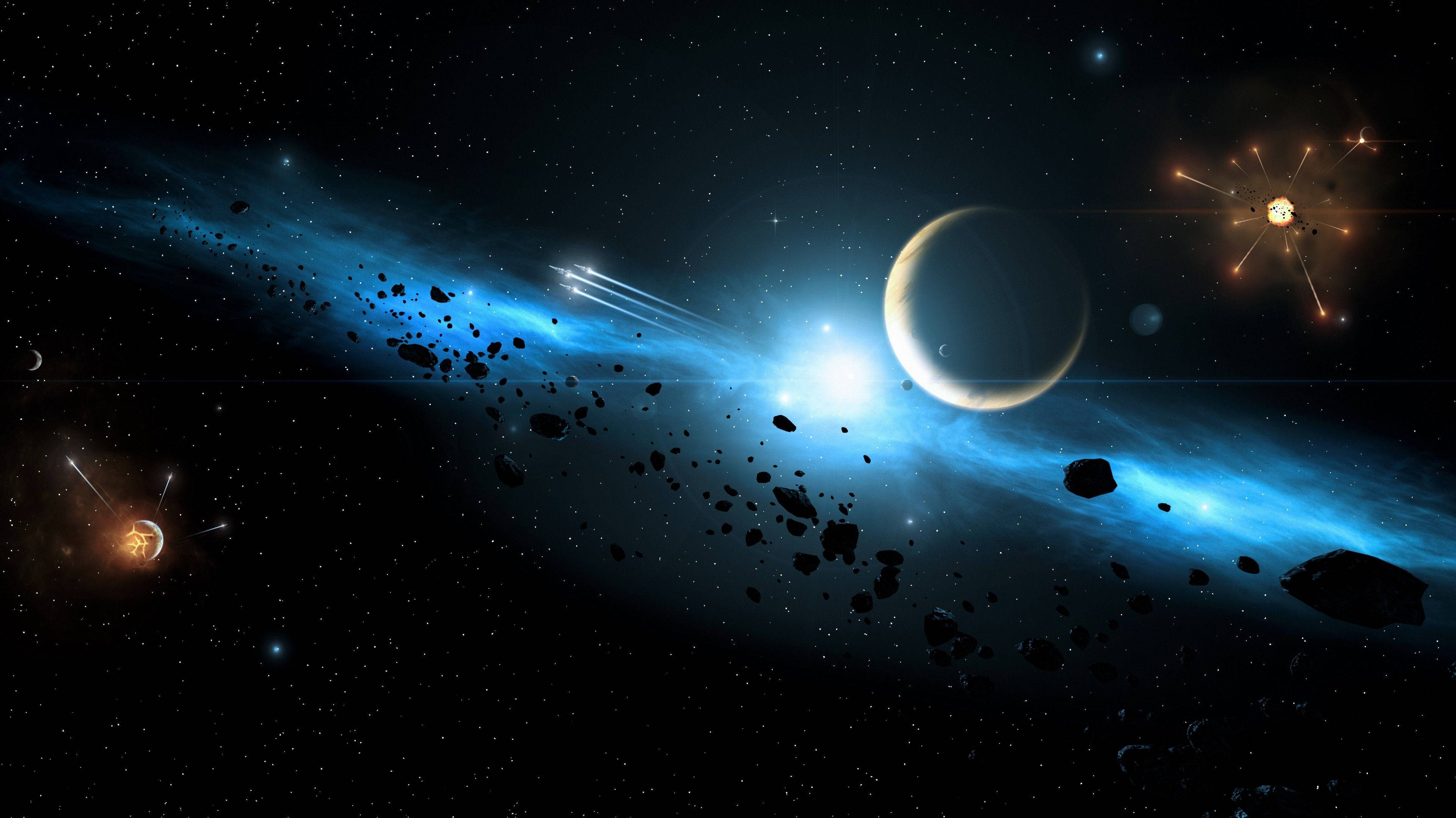 4K Space, glowing blue nebula, asteroids, 4K Desktop Wallpaper