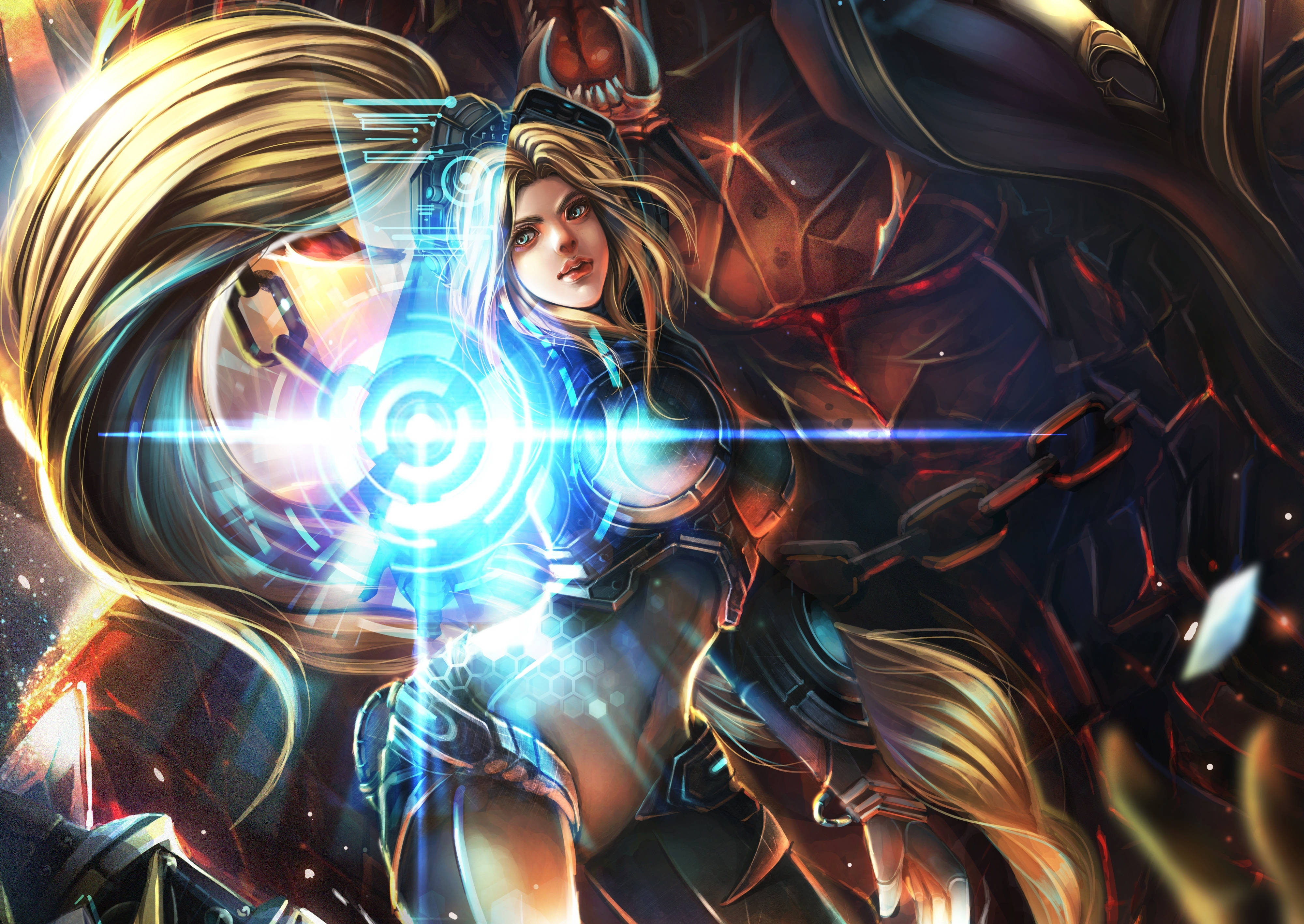 4K Starcraft, glowing blue energy weapon, fierce female warrior, 4K Desktop Wallpaper