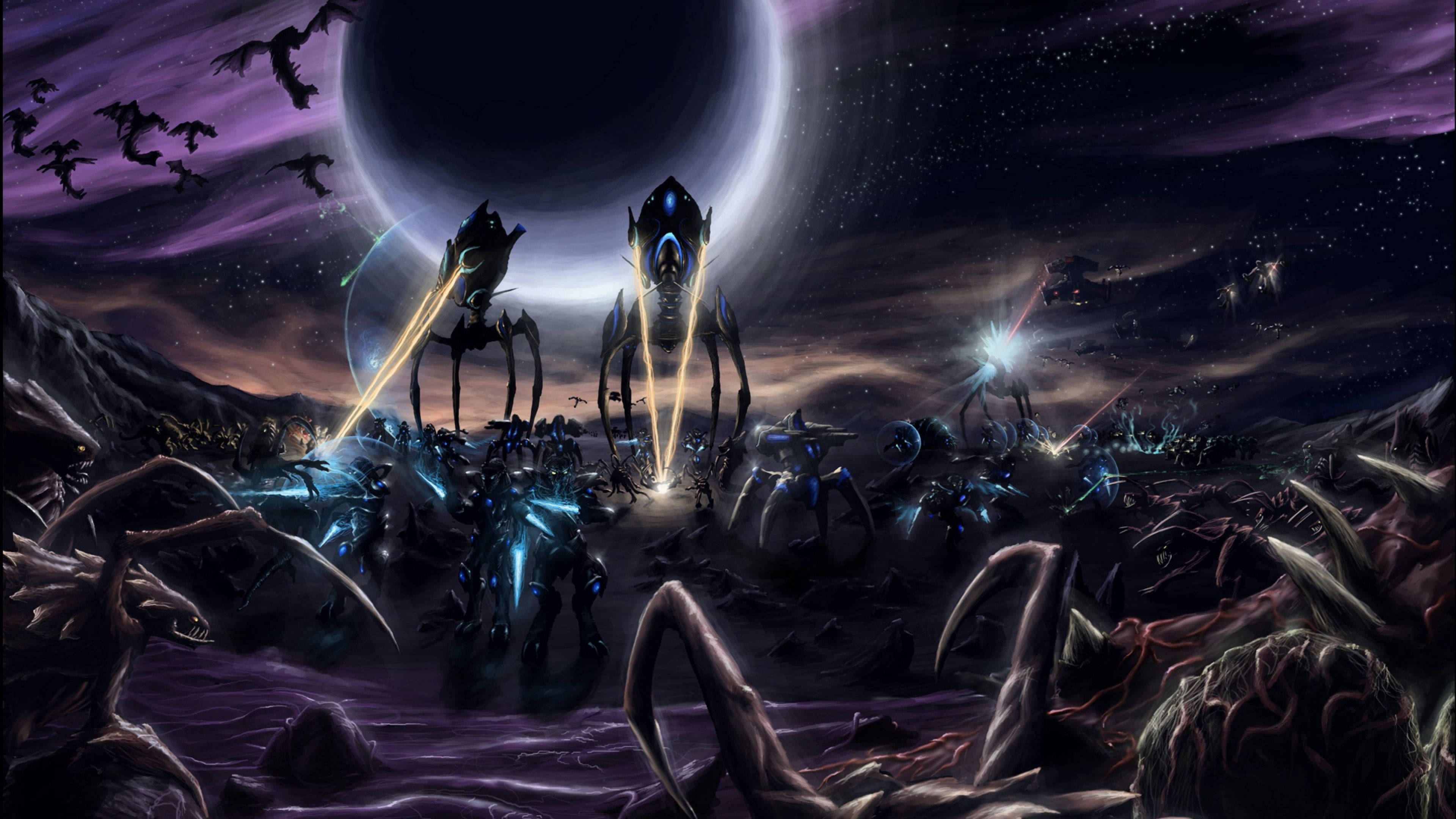 4K Starcraft, glowing blue weapons, purple alien landscape, 4K Desktop Wallpaper