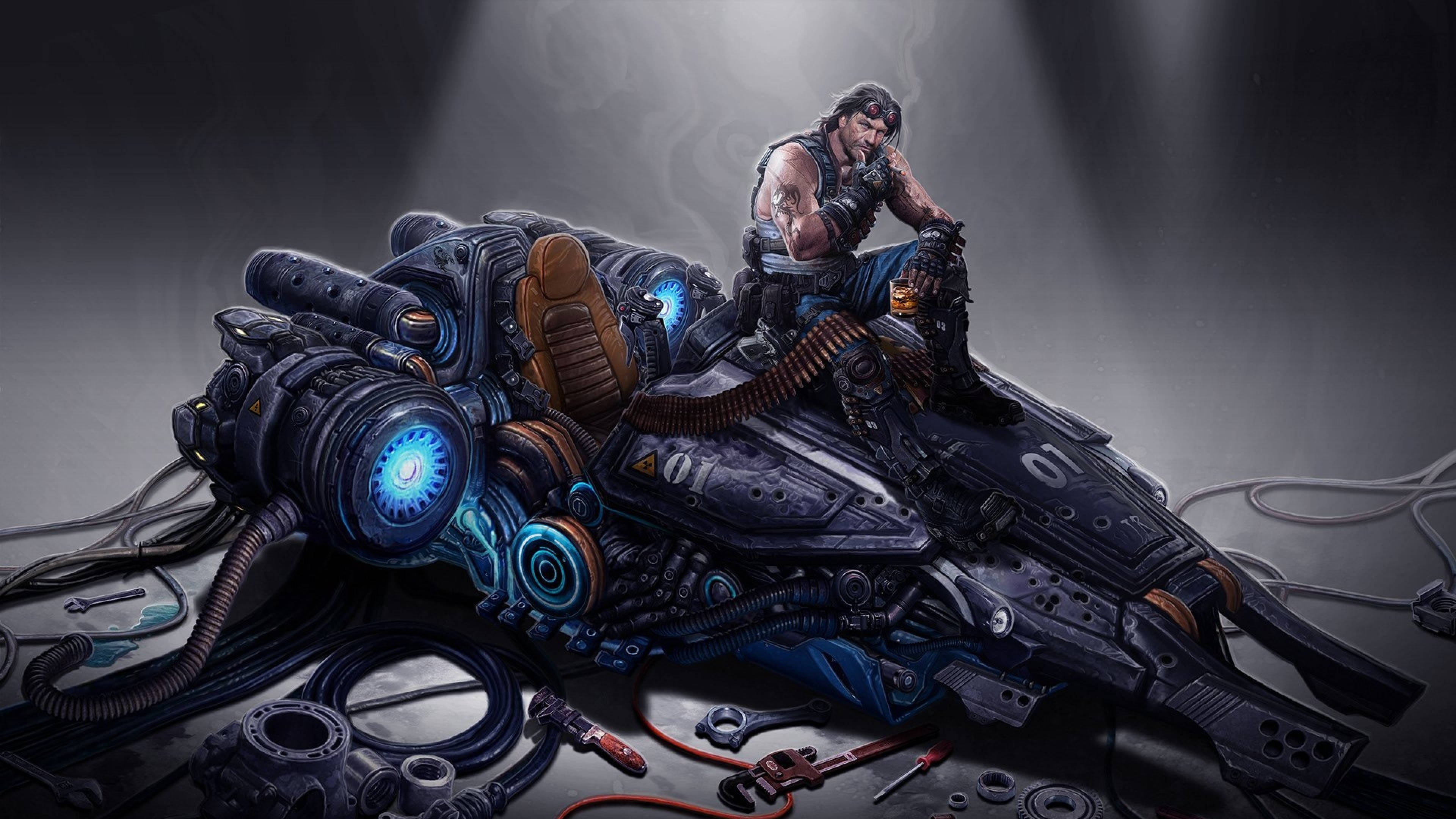 4K StarCraft, futuristic armored vehicle, glowing blue engines, 4K Desktop Wallpaper