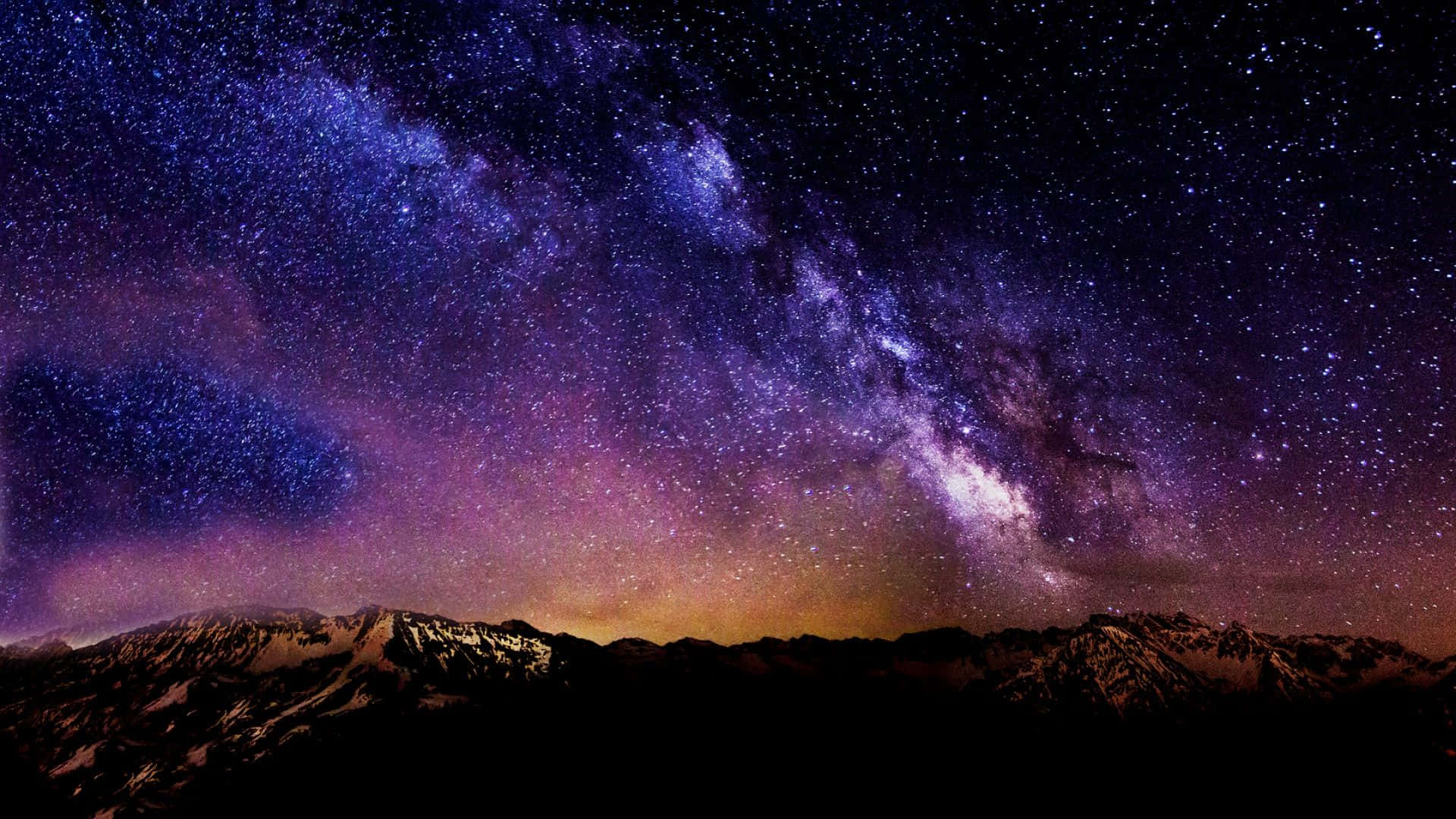 Starry Night Sky, vibrant purple and blue stars, dark silhouetted mountain range, Full HD Desktop Wallpaper