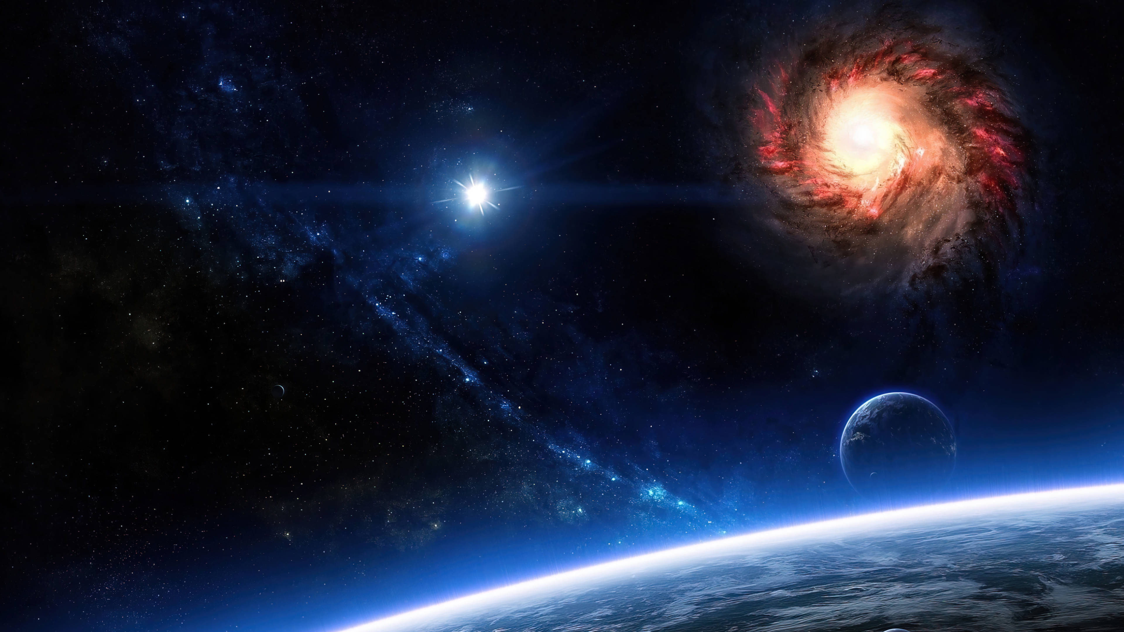 4K UHD Starscape, glowing spiral galaxy, bright star, 4K Desktop Wallpaper