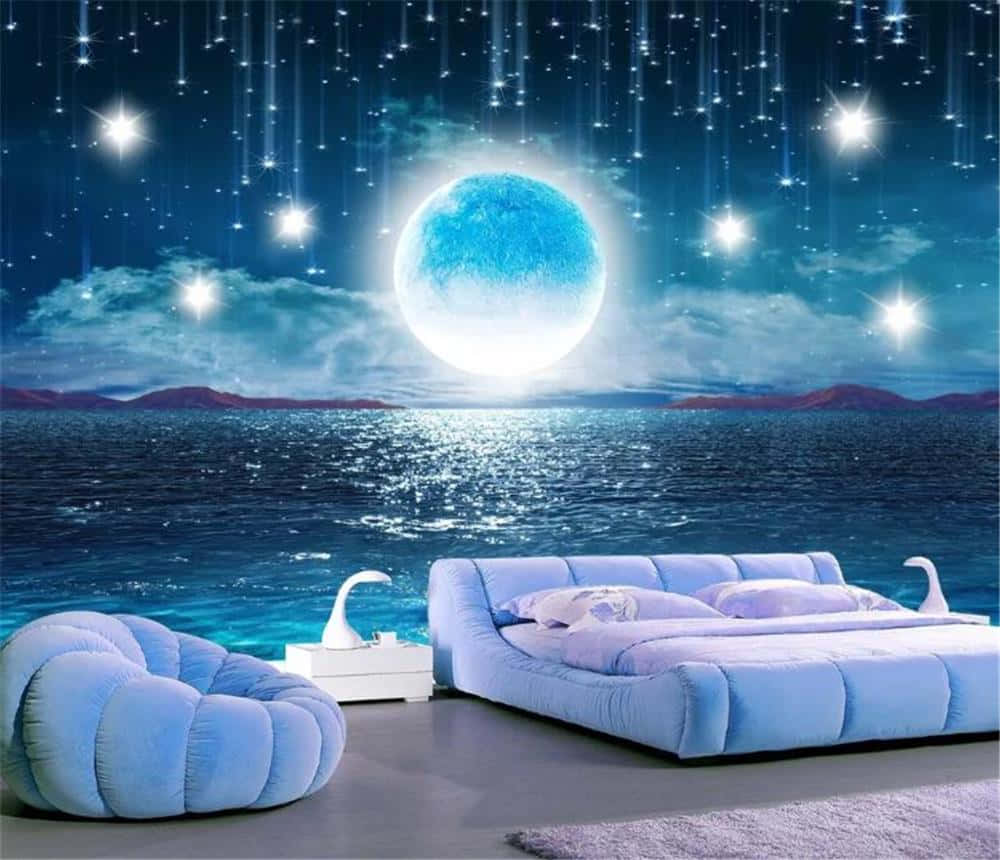 glowing blue moon, falling stars, surreal night sky, SD Desktop Wallpaper