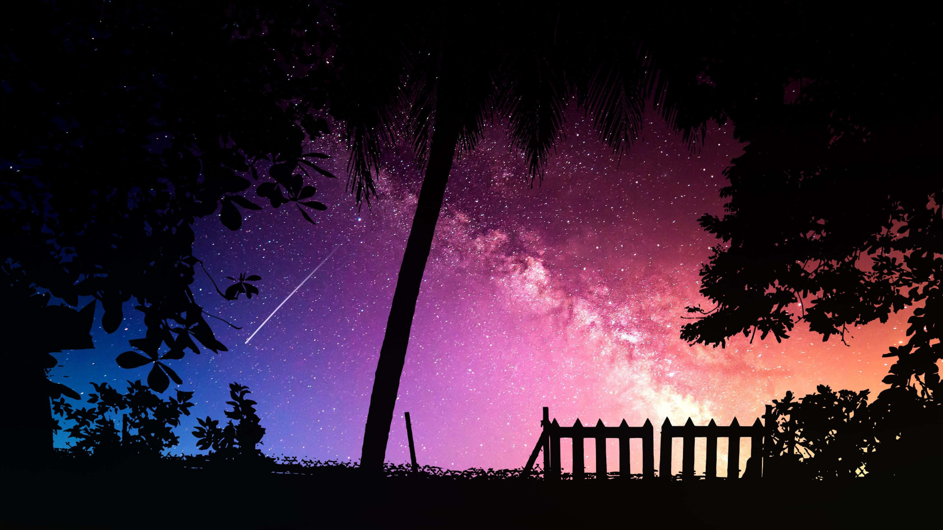 4K Starry Sky, vibrant purple and pink night sky, shooting star, 4K Desktop Wallpaper