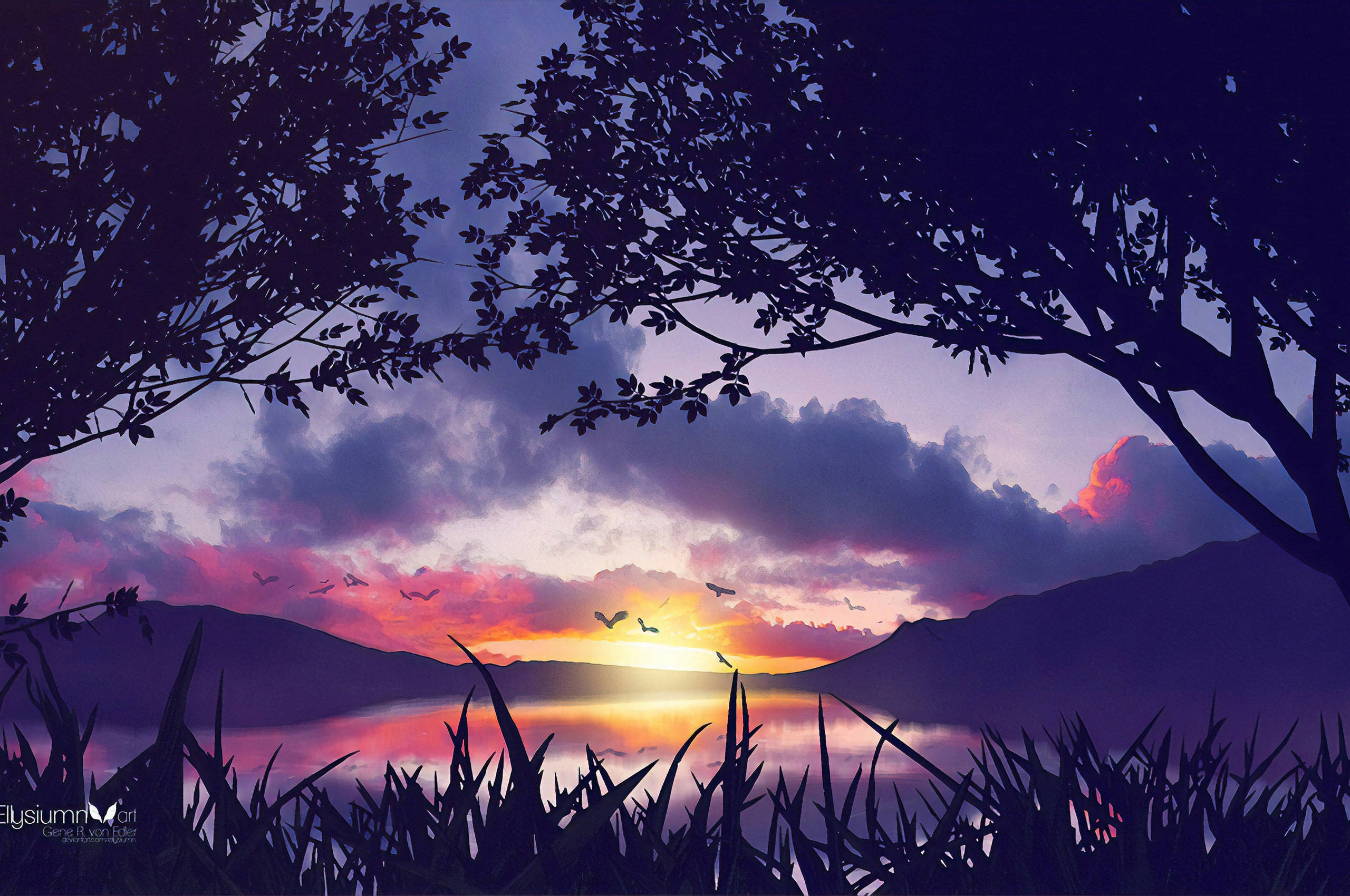 vibrant sunset, misty lake, silhouetted trees, 2K Desktop Wallpaper