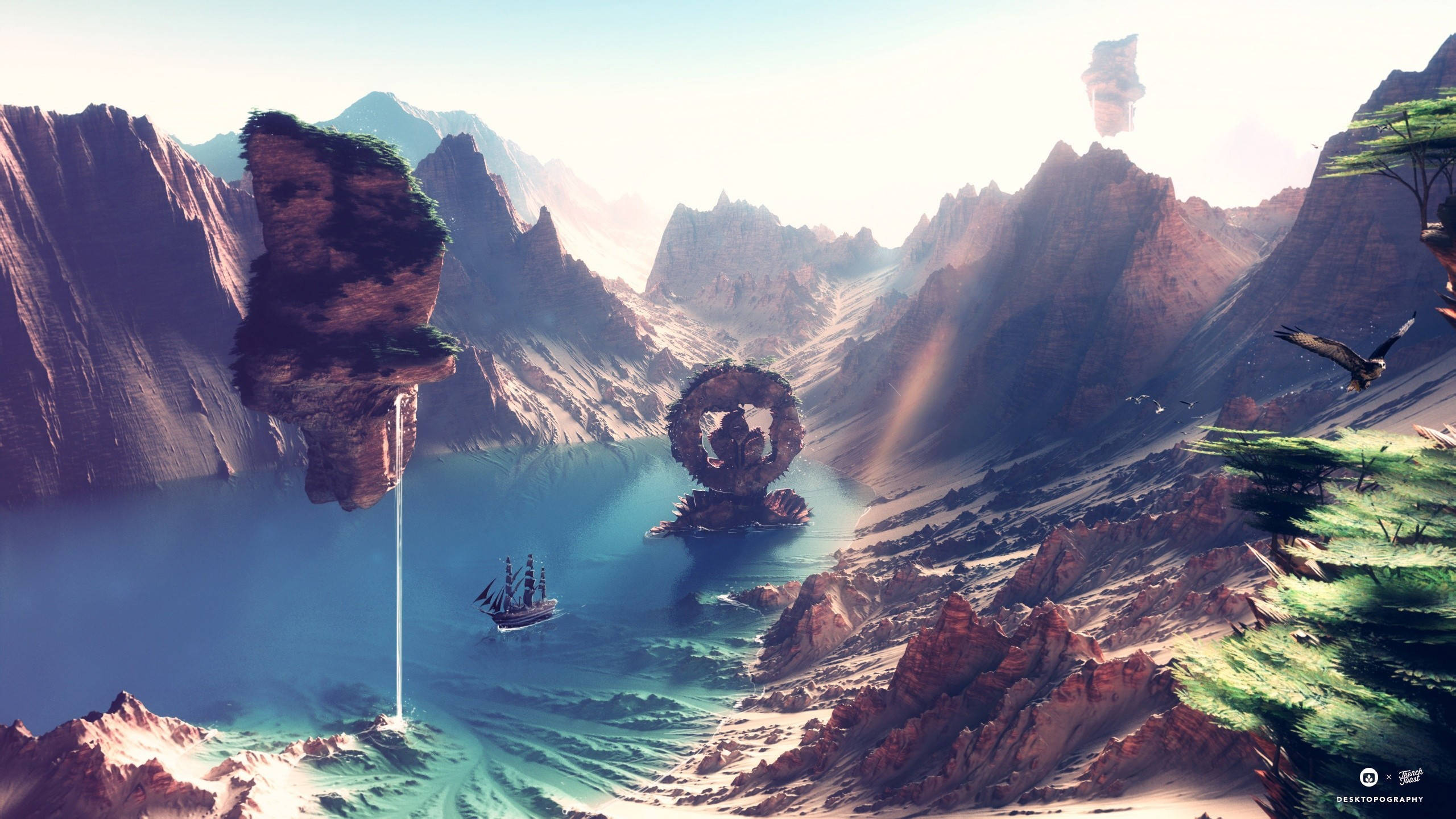 floating islands, lush greenery, ship, 2K Desktop Wallpaper