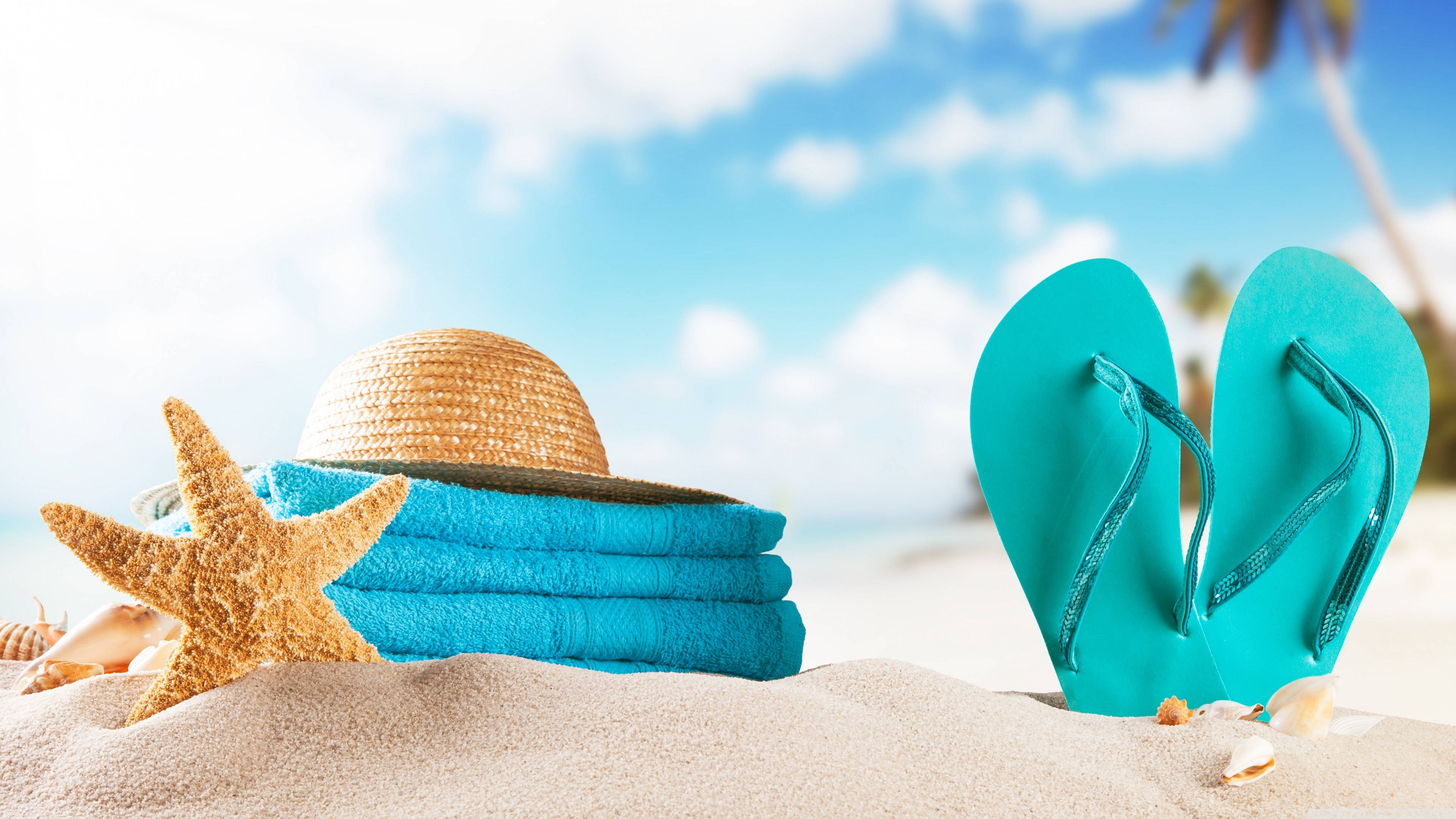 Turquoise flip flops, straw hat, sandy beach, 4K Desktop Wallpaper