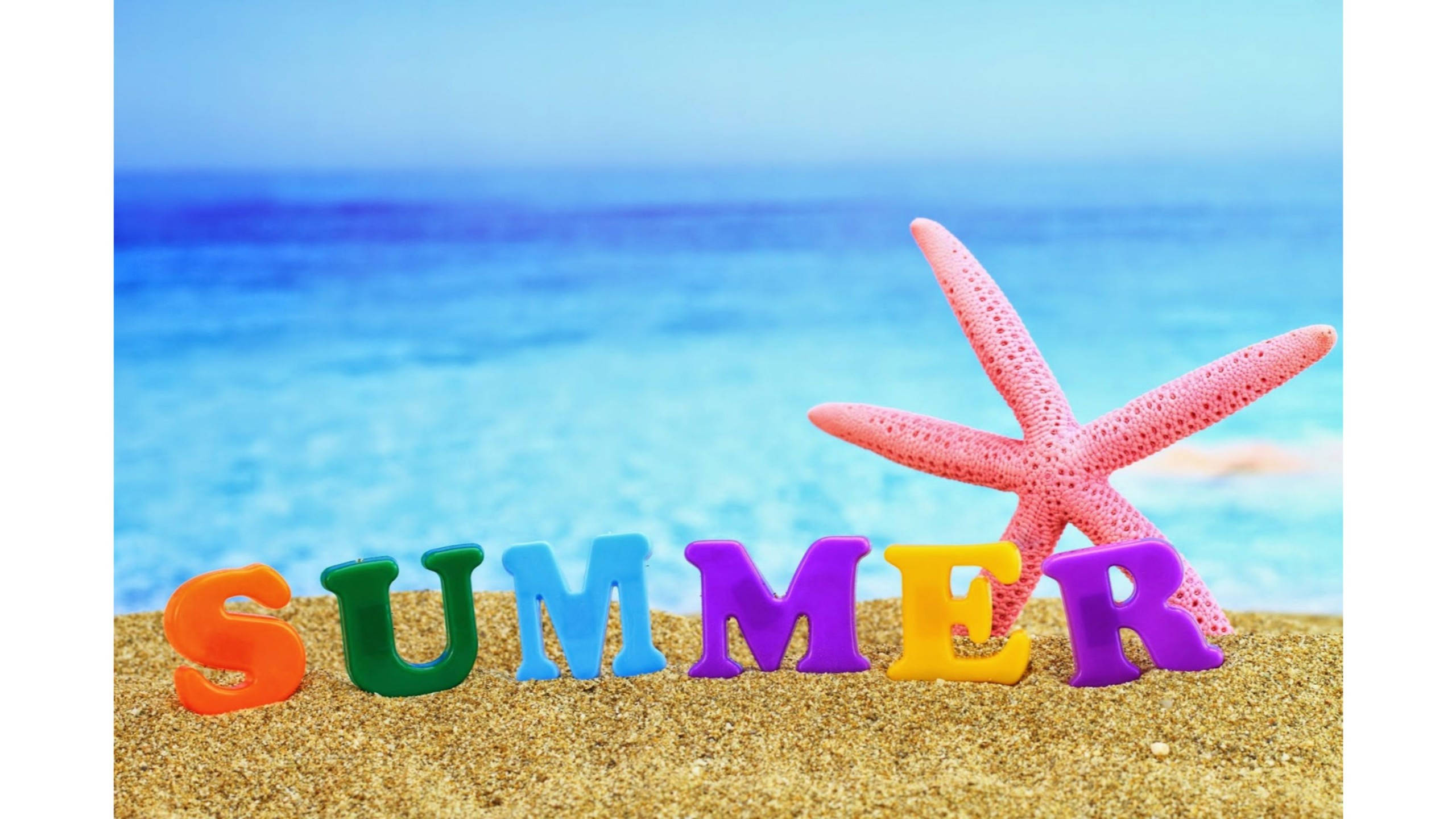 4K Summer, golden sand, pink starfish, 2K Desktop Wallpaper