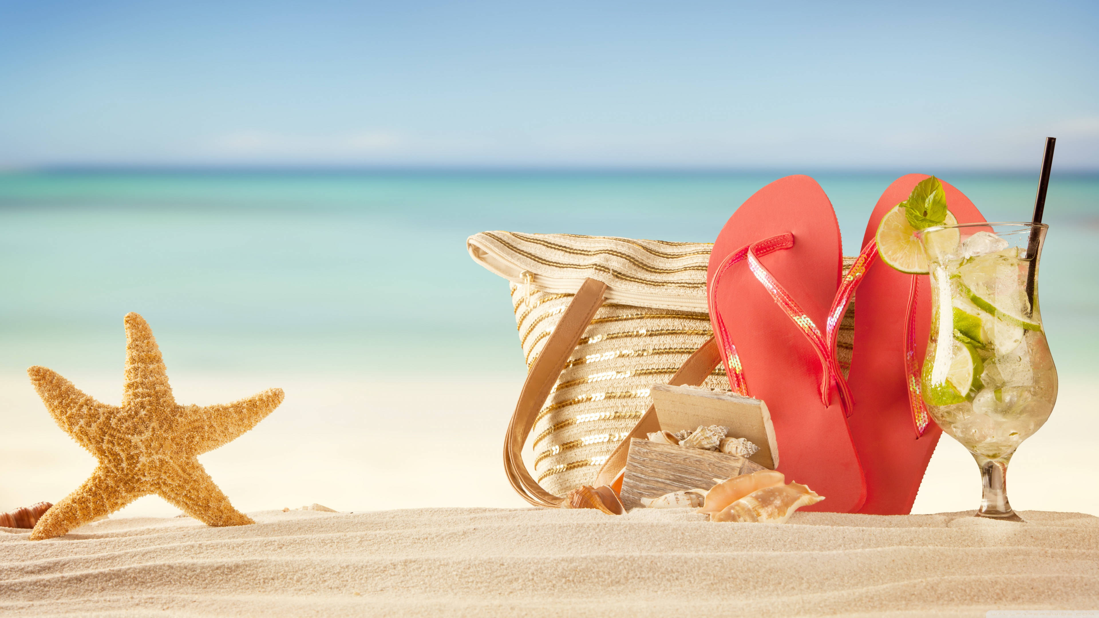4K Summer, red flip flops, straw bag, 4K Desktop Wallpaper
