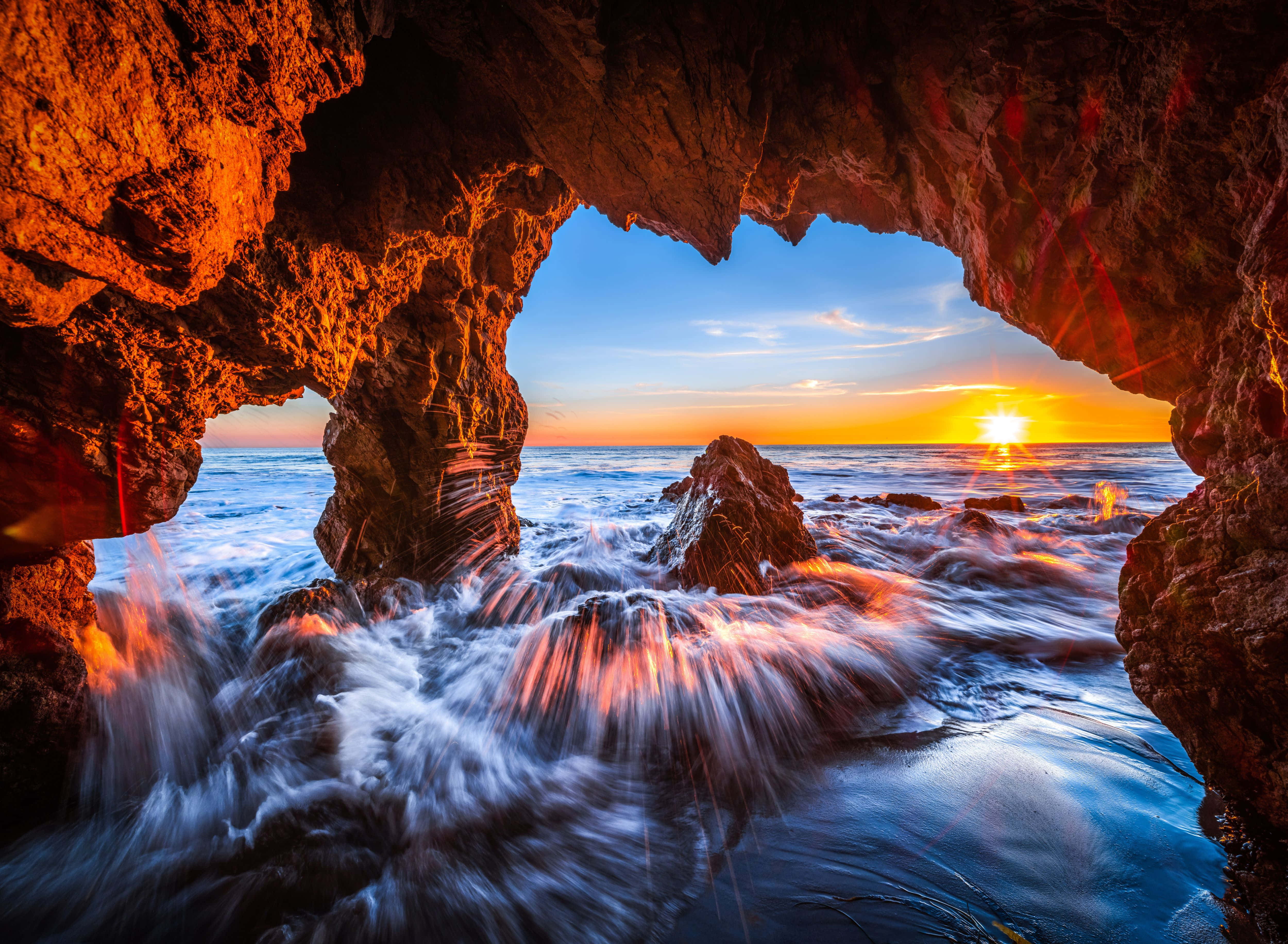 cave view, 4K Sunrise, sea waves, 4K Desktop Wallpaper