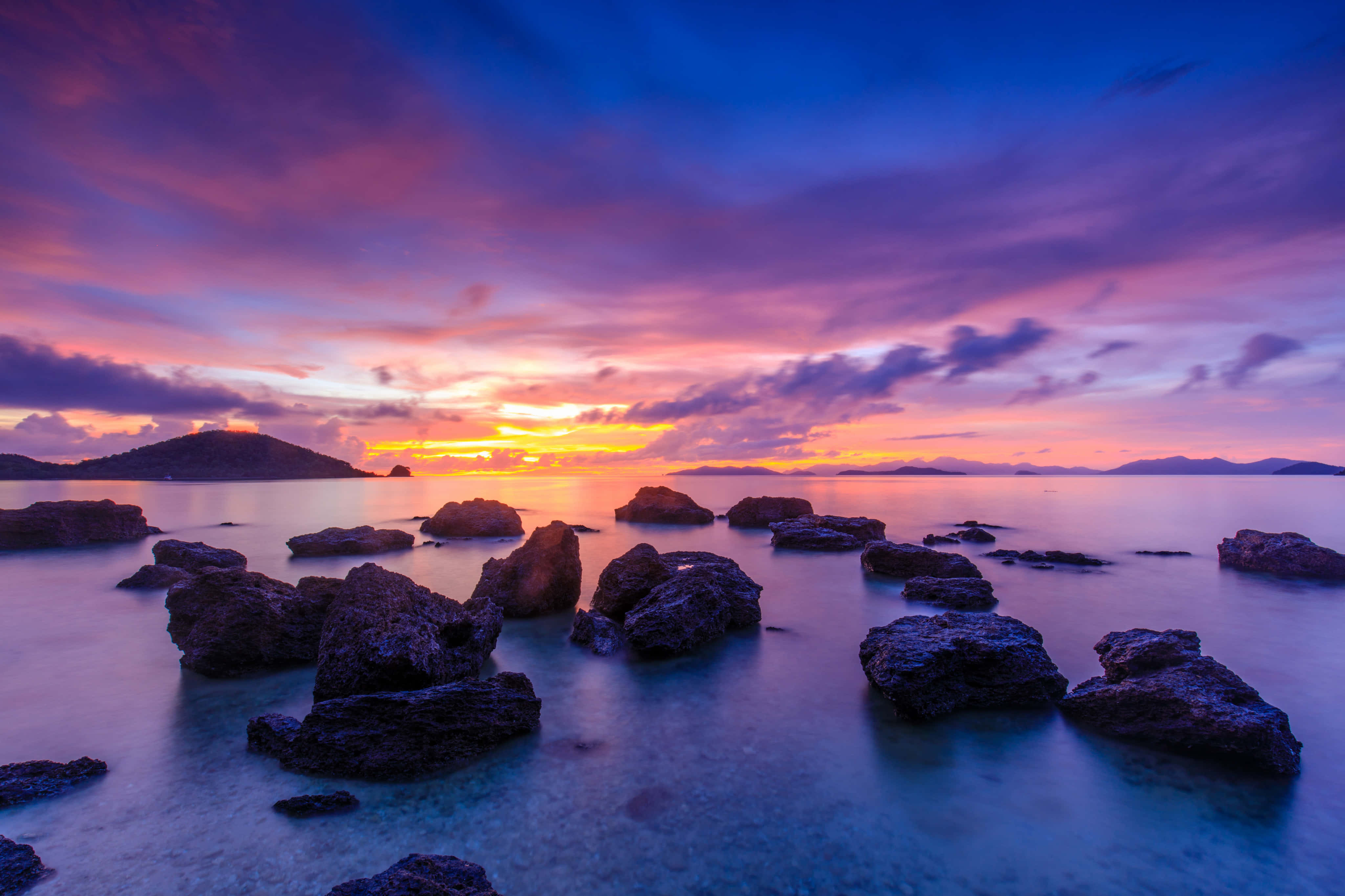 4K Sunrise, purple orange and yellow sunset, dark volcanic rocks, 4K Desktop Wallpaper