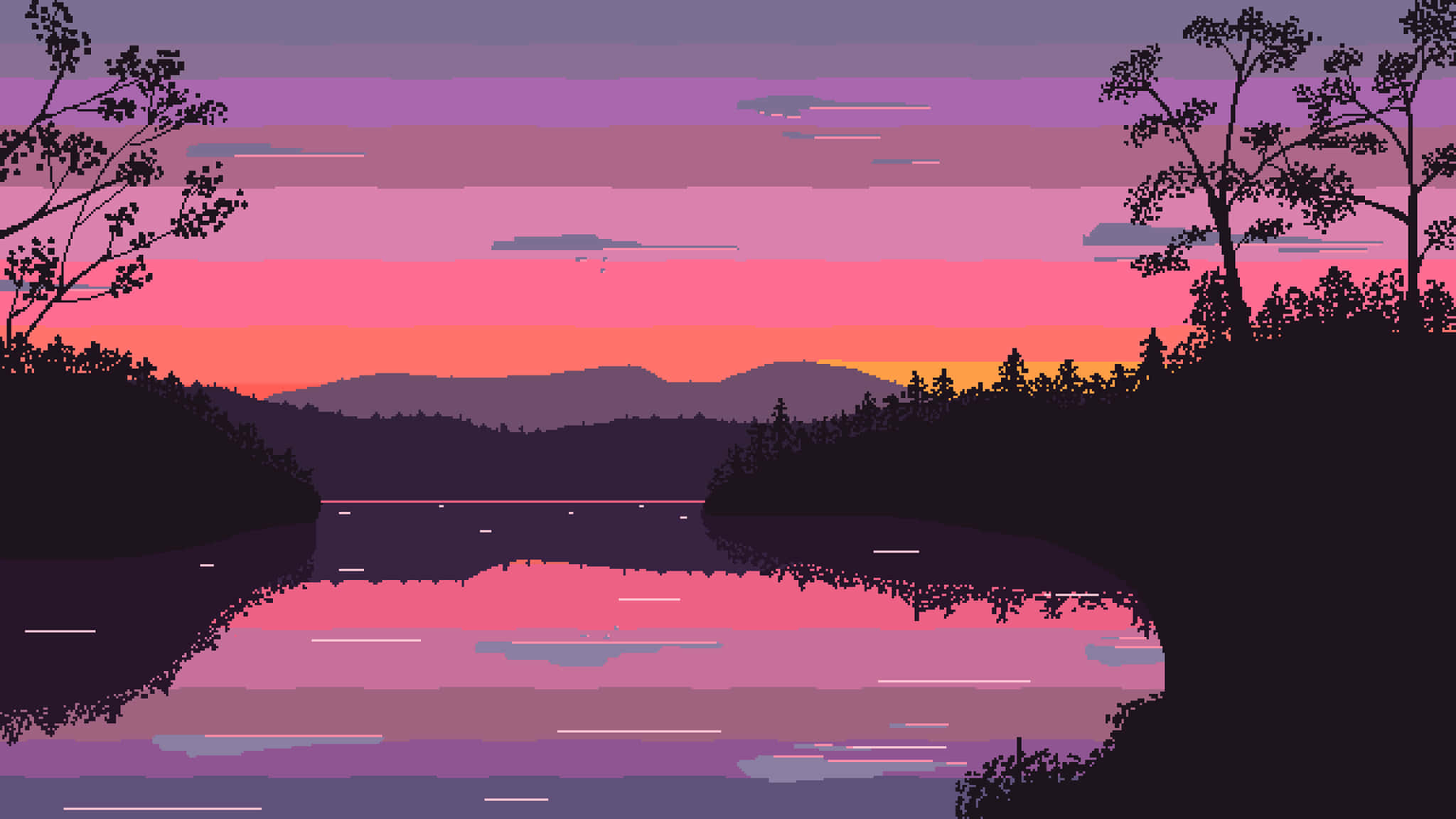 2048x1152 pixel, pixel-art lake, sunset, Full HD Desktop Wallpaper