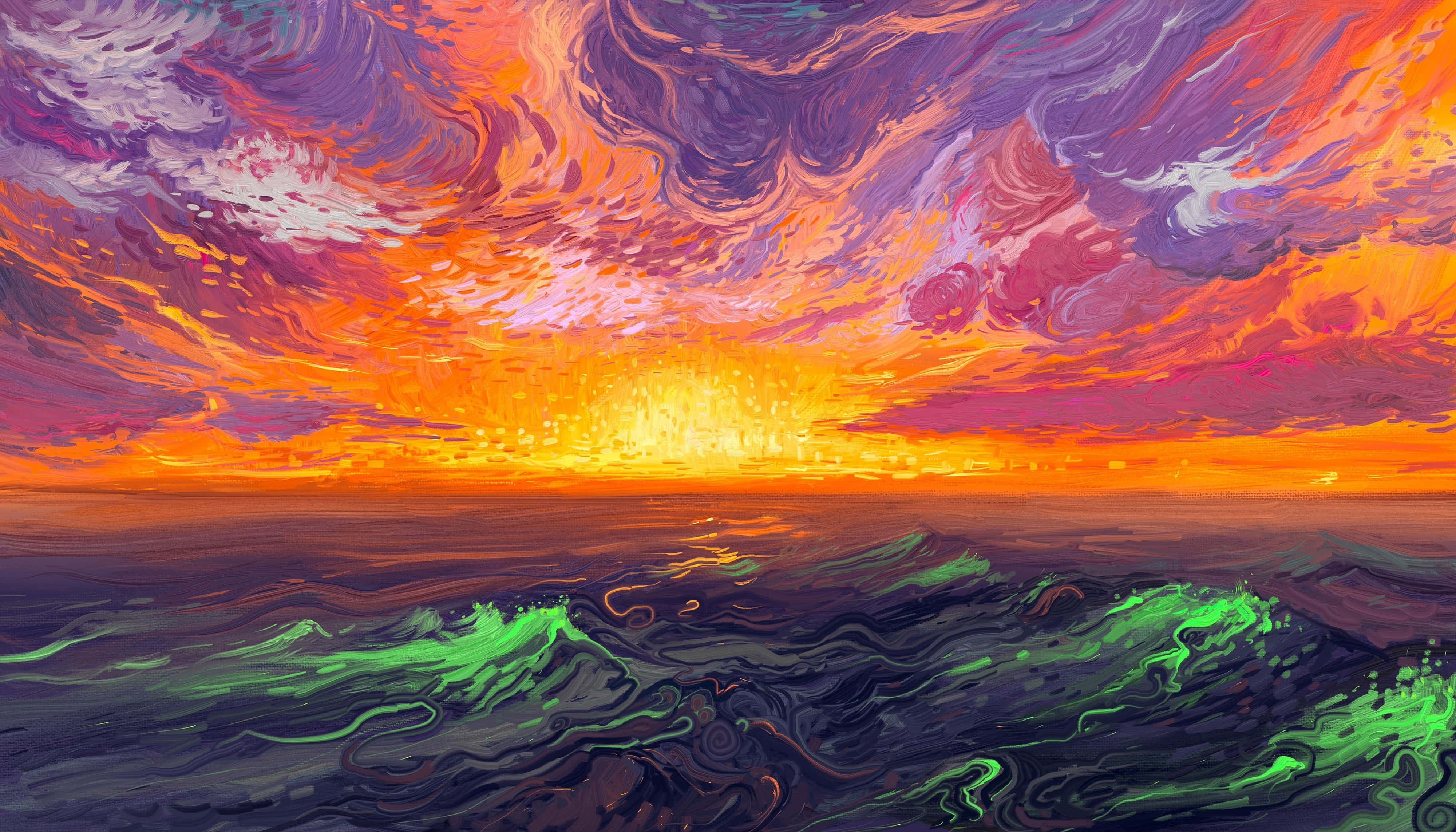 sunset landscape, fiery orange, purple skies, 4K Desktop Wallpaper