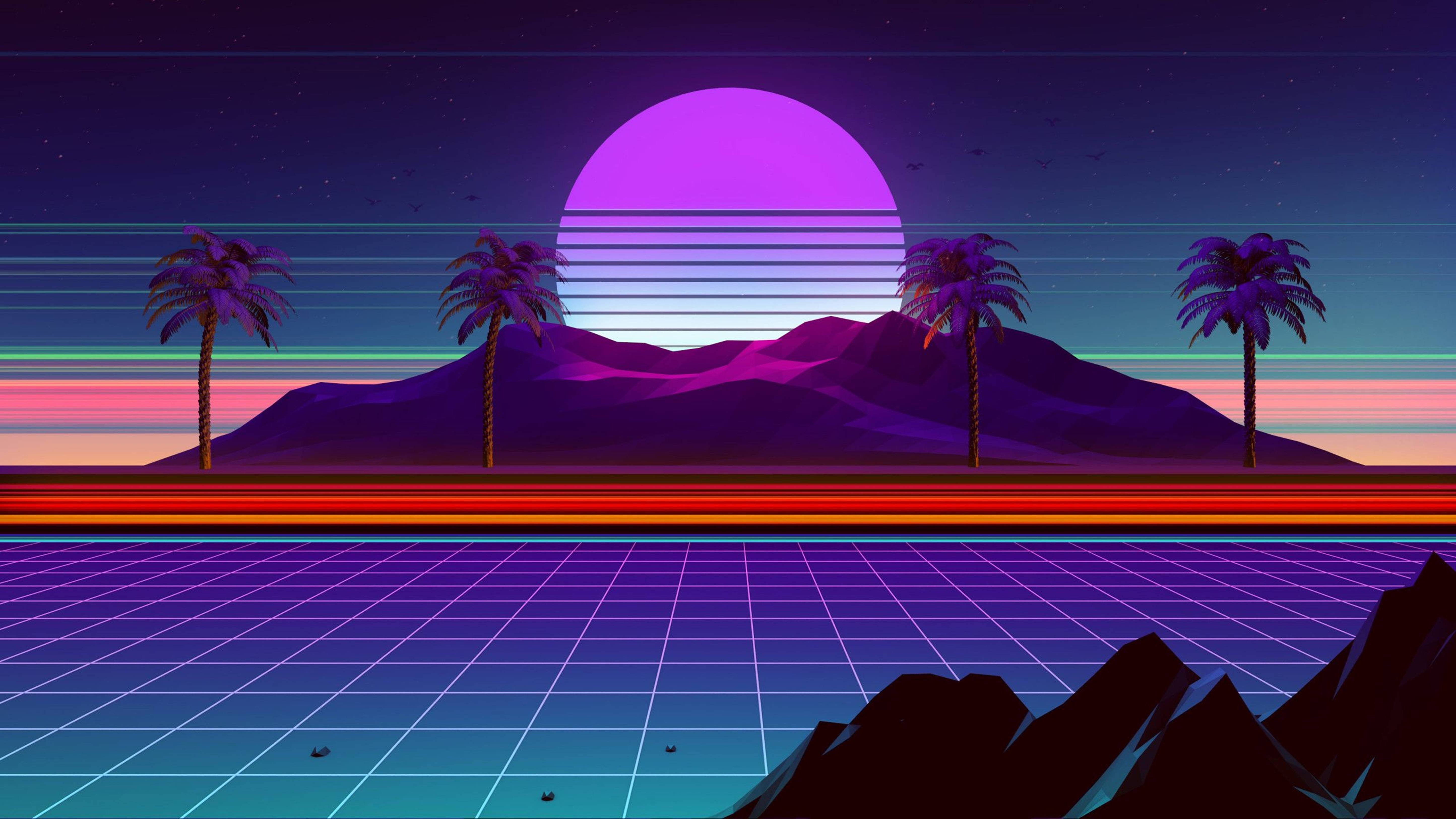 retro synthwave, island mountain sunset, glowing purple sun, 5K Desktop Wallpaper