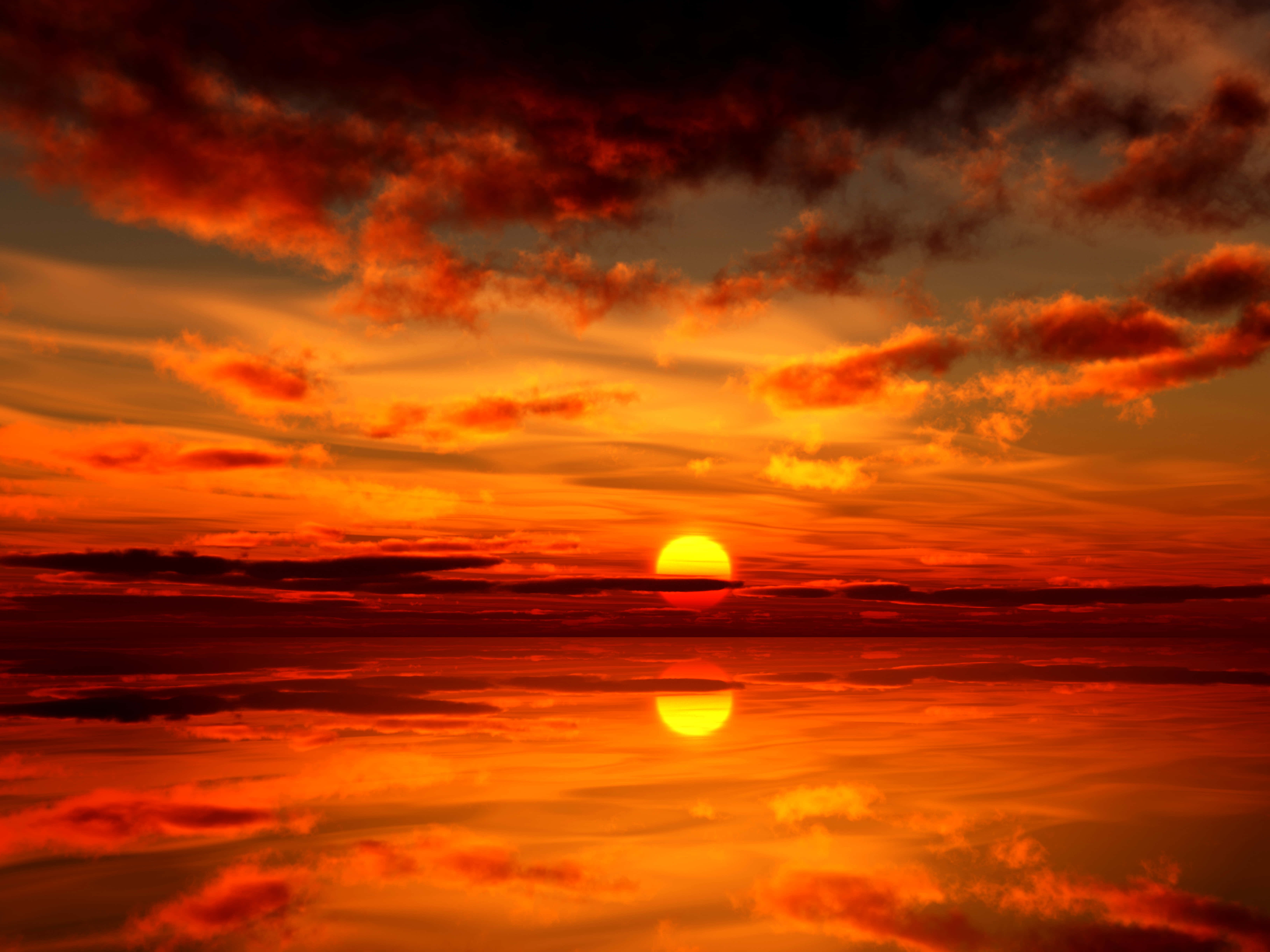 4K Sunset, tranquil waters, fiery sunset, 5K Desktop Wallpaper