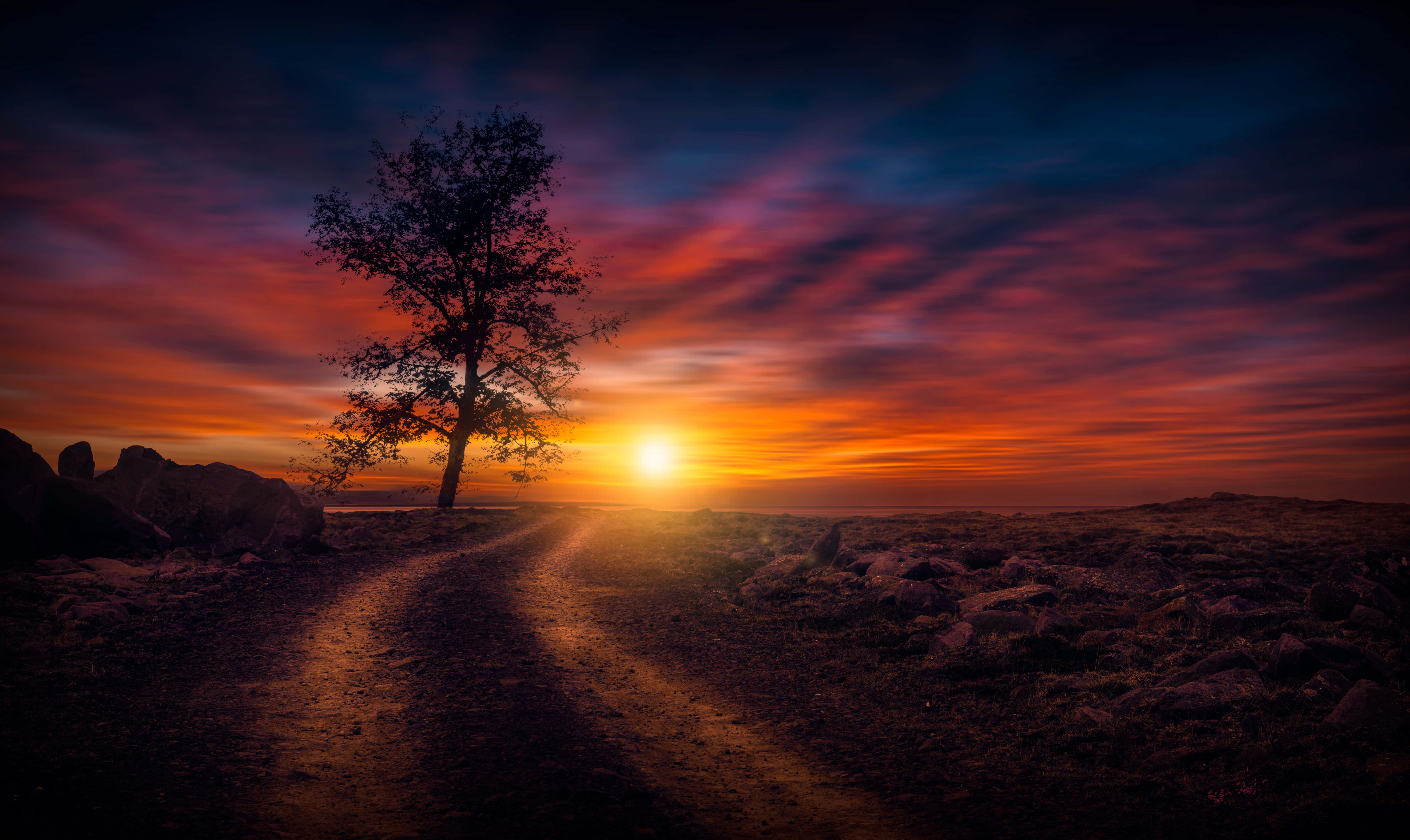 4K Sunset, fiery orange, deep purple, 5K Desktop Wallpaper
