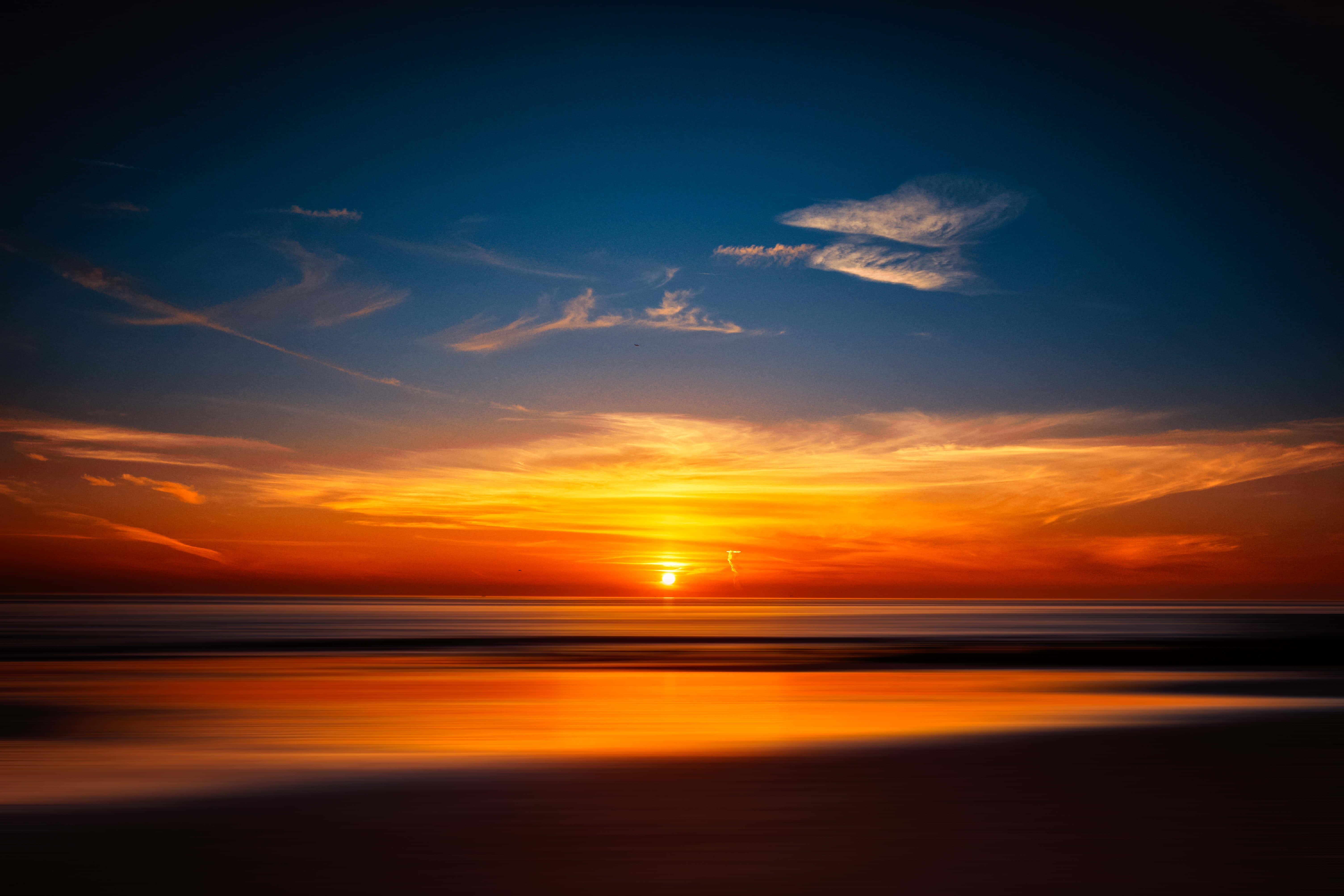 4K Sunset, tranquil coastline, calm ocean waters, 5K Desktop Wallpaper