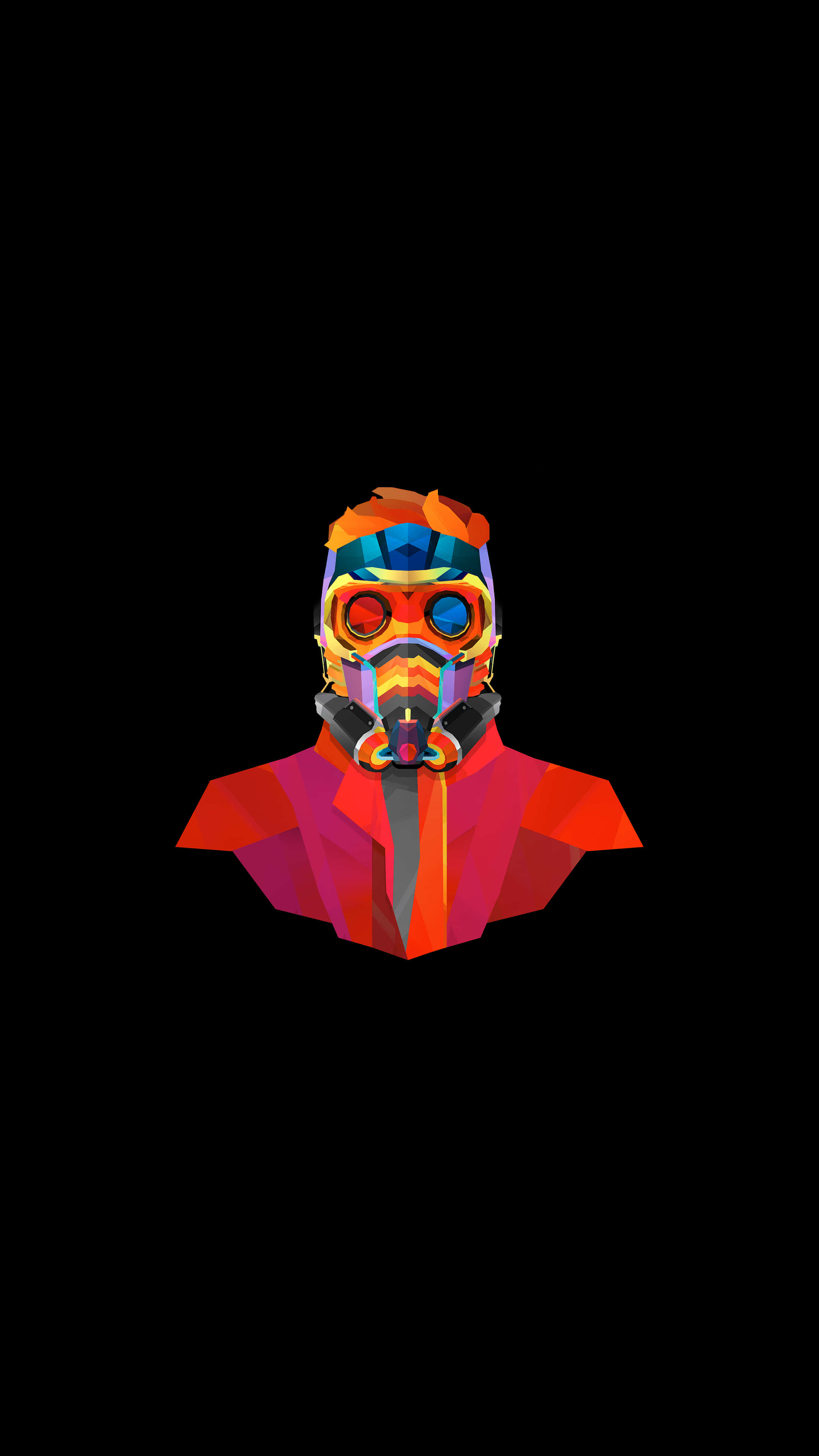 low-poly stylized bust, masked character, vibrant red blue and orange geometric facets, 4K Phone Wallpaper