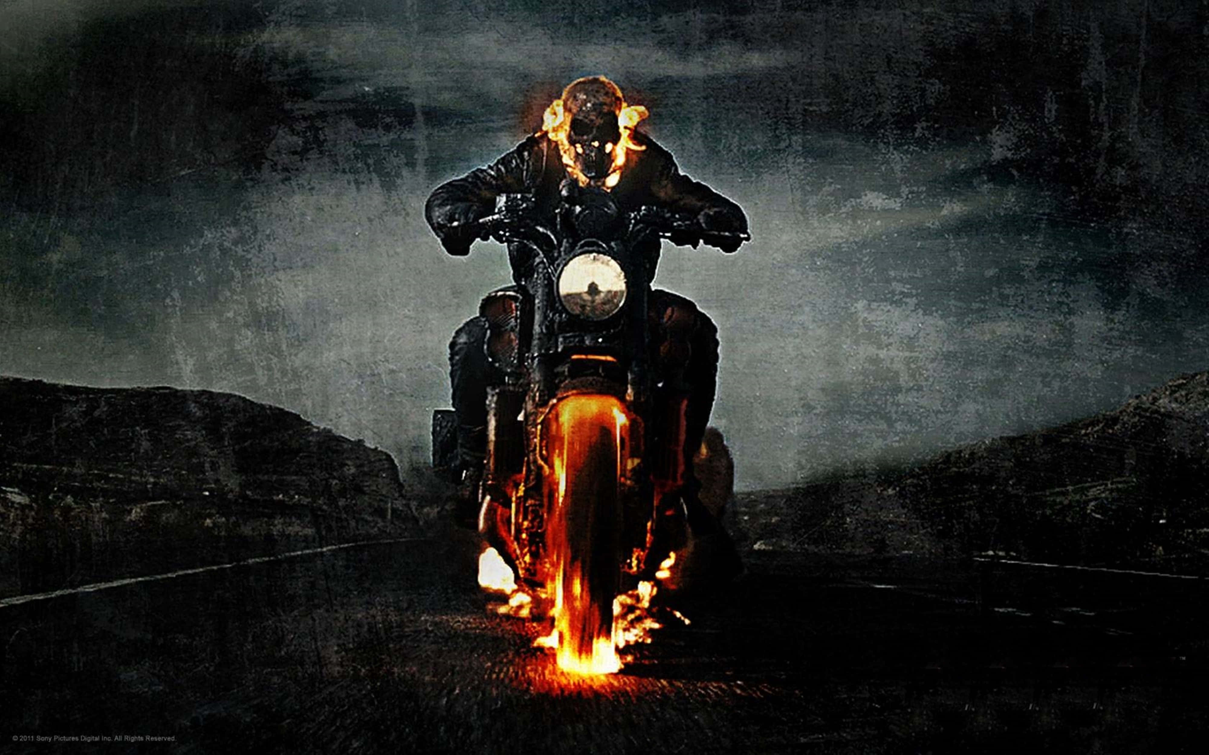 flaming skull rider, burning motorcycle, dark desolate road, 4K Desktop Wallpaper