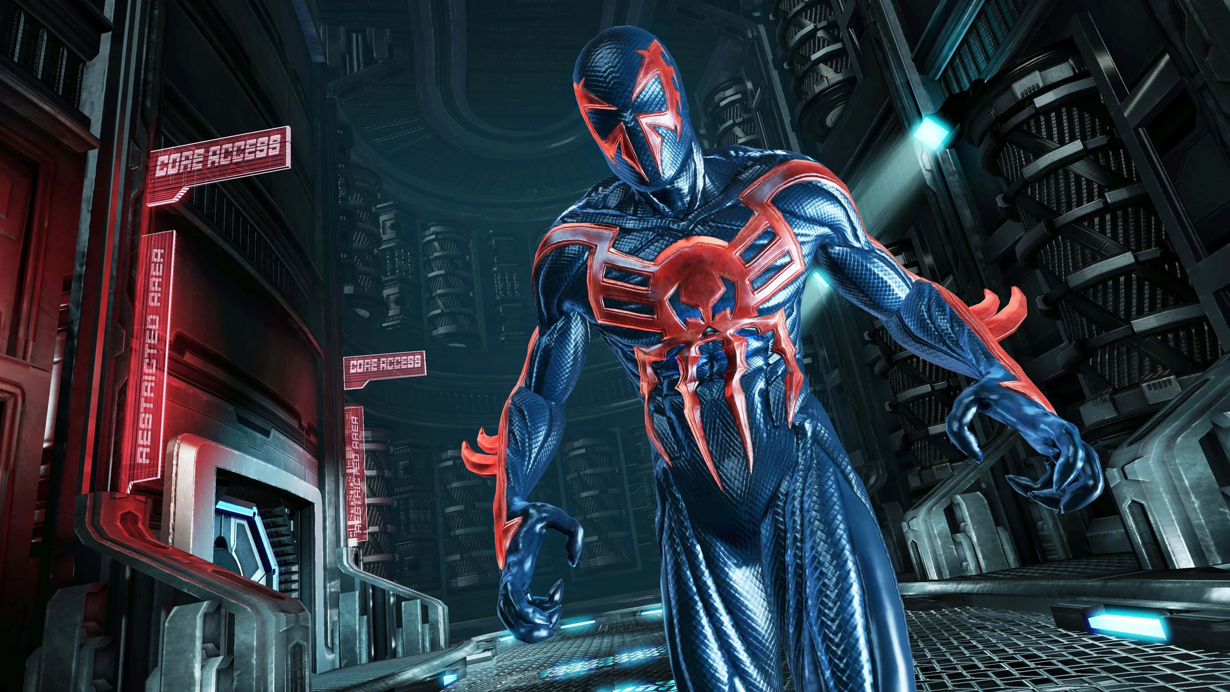 4K Superhero, blue and red spider-themed superhero, high-tech industrial corridor, 4K Desktop Wallpaper