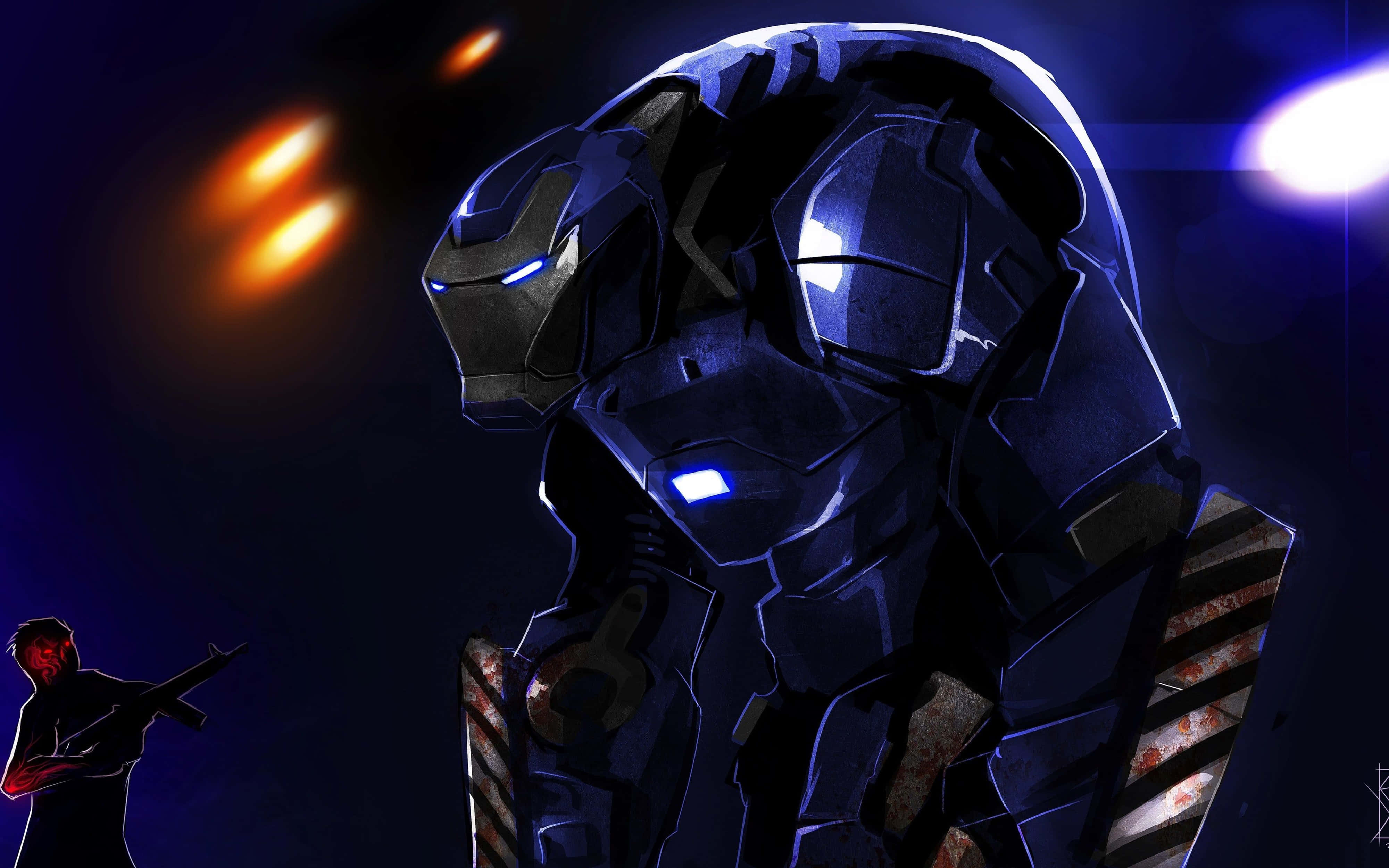 dark blue armored robot, glowing eyes, battle scars, 4K Desktop Wallpaper