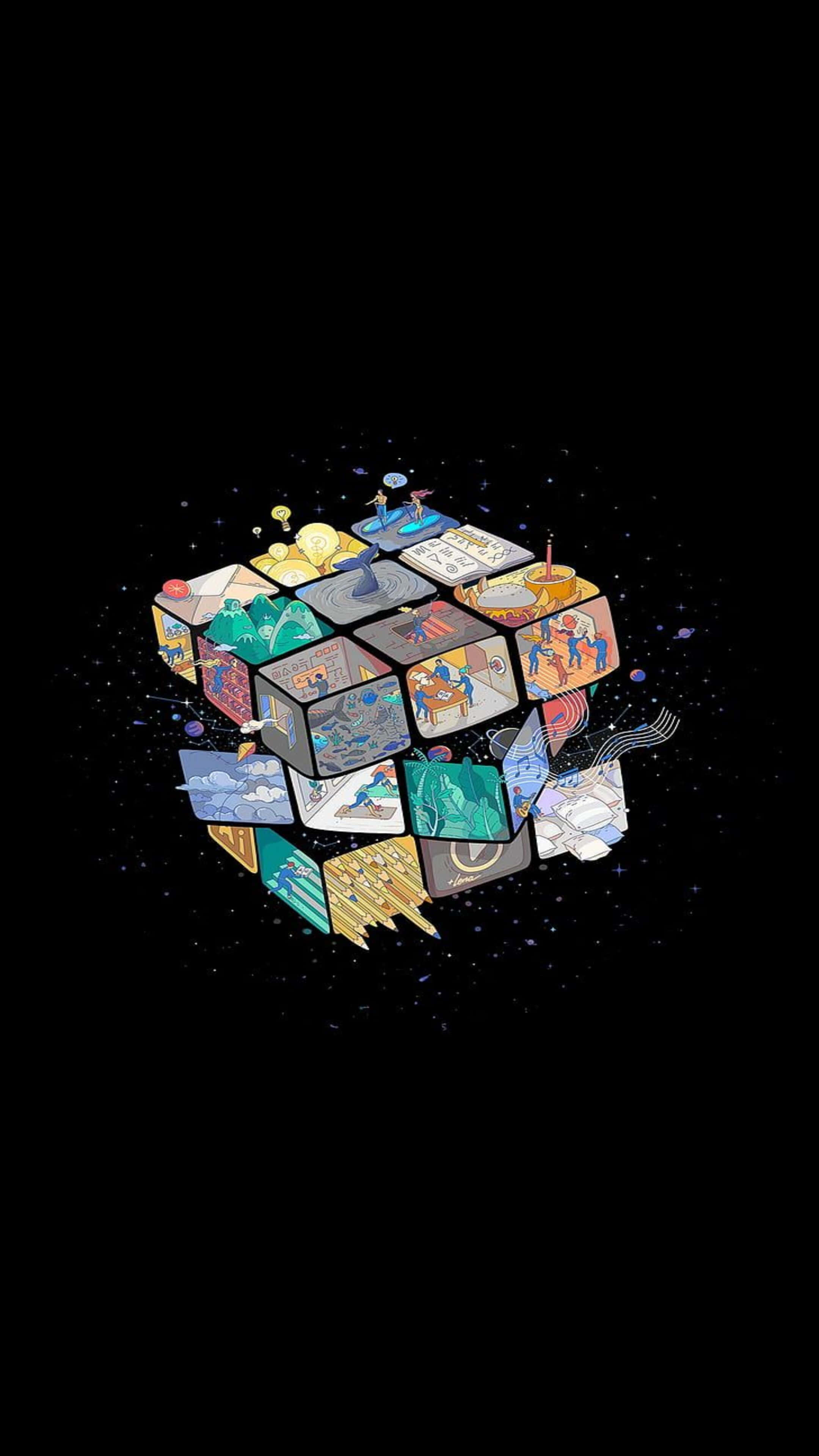 4K Amoled Phone, Rubik's Cube, colorful illustrated panels, 4K Phone Wallpaper