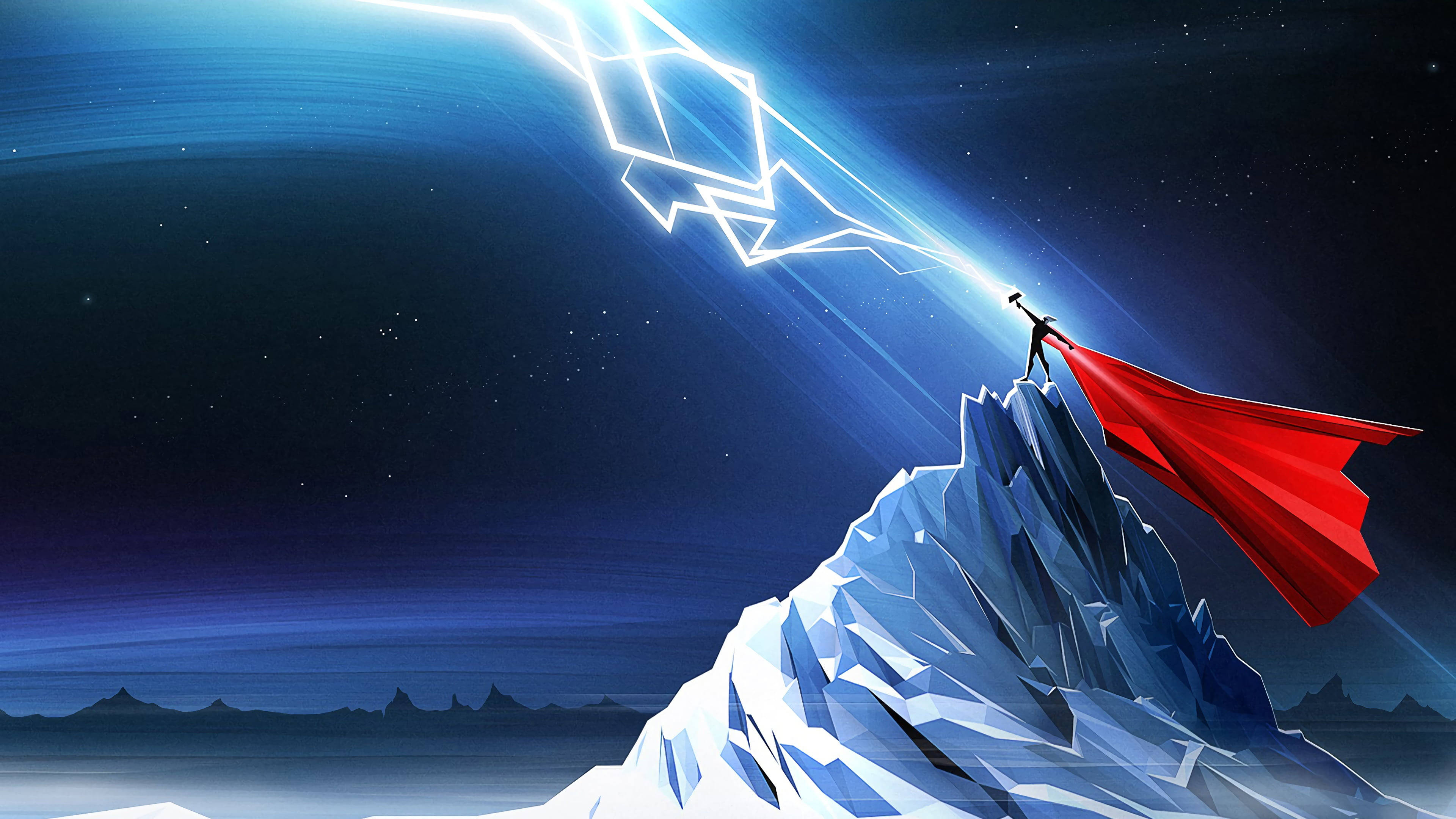 Thor, red cape, jagged mountain peak, 4K Desktop Wallpaper