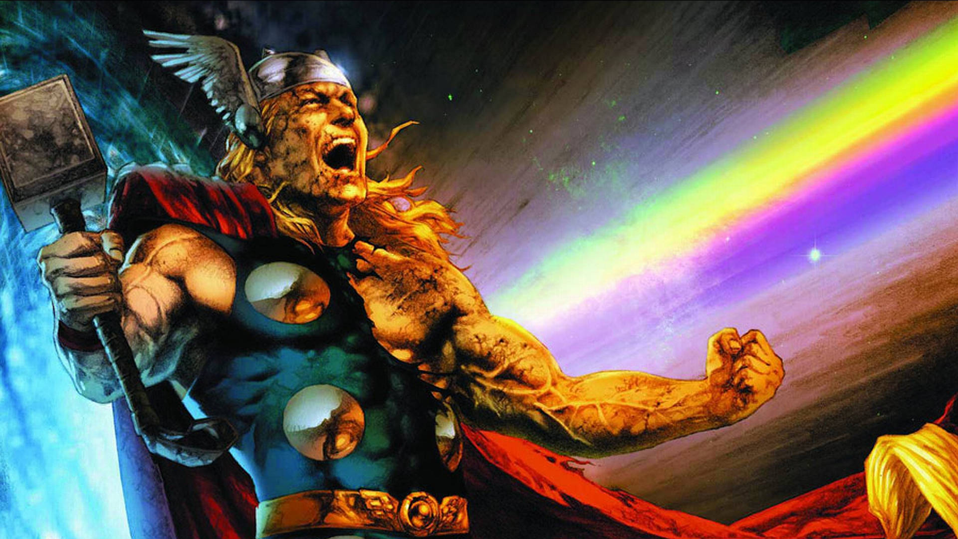Thor, hammer, rainbow beam, Full HD Desktop Wallpaper