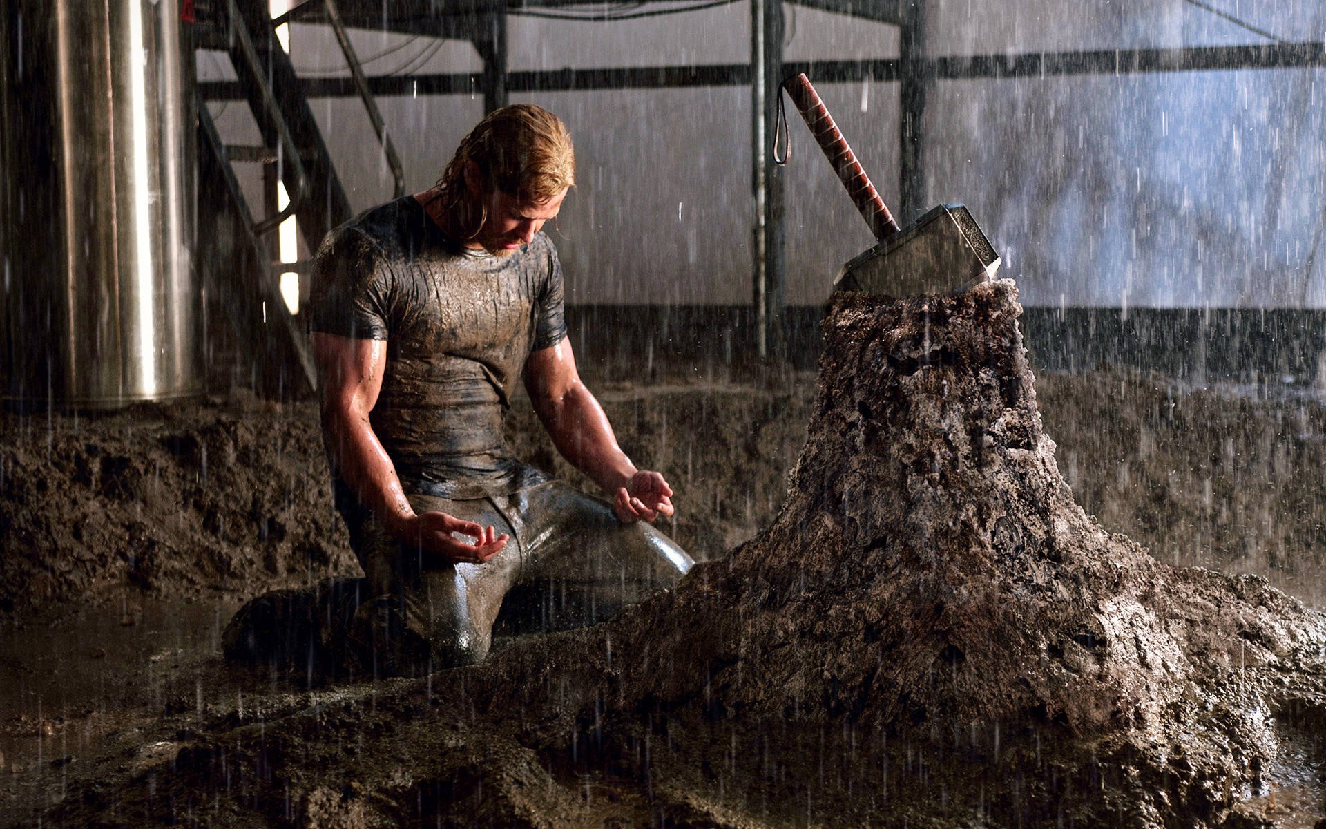 Thor, hammer, rain-soaked mud pit, Full HD Desktop Wallpaper