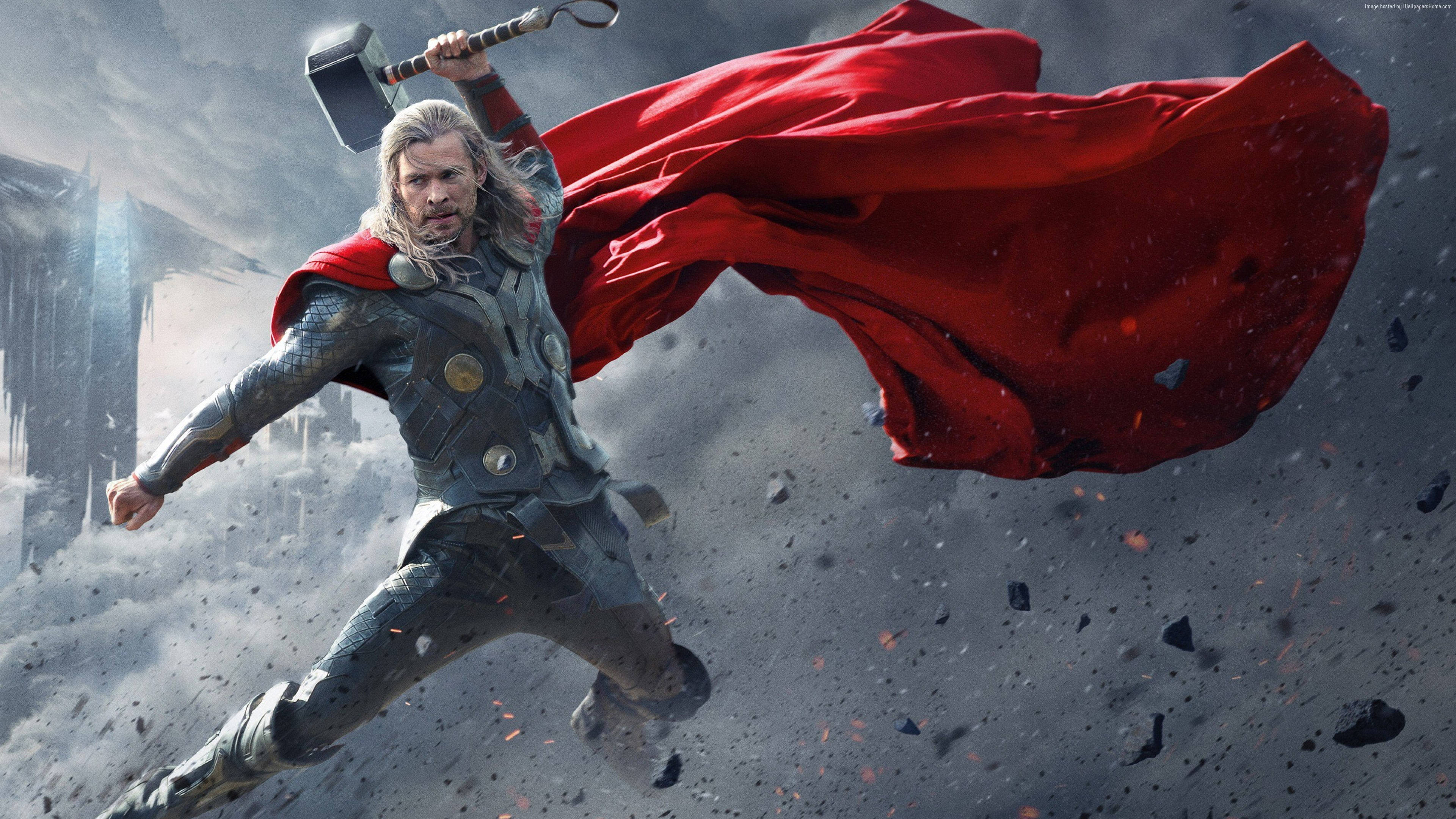 Thor, hammer, red cape, 4K Desktop Wallpaper