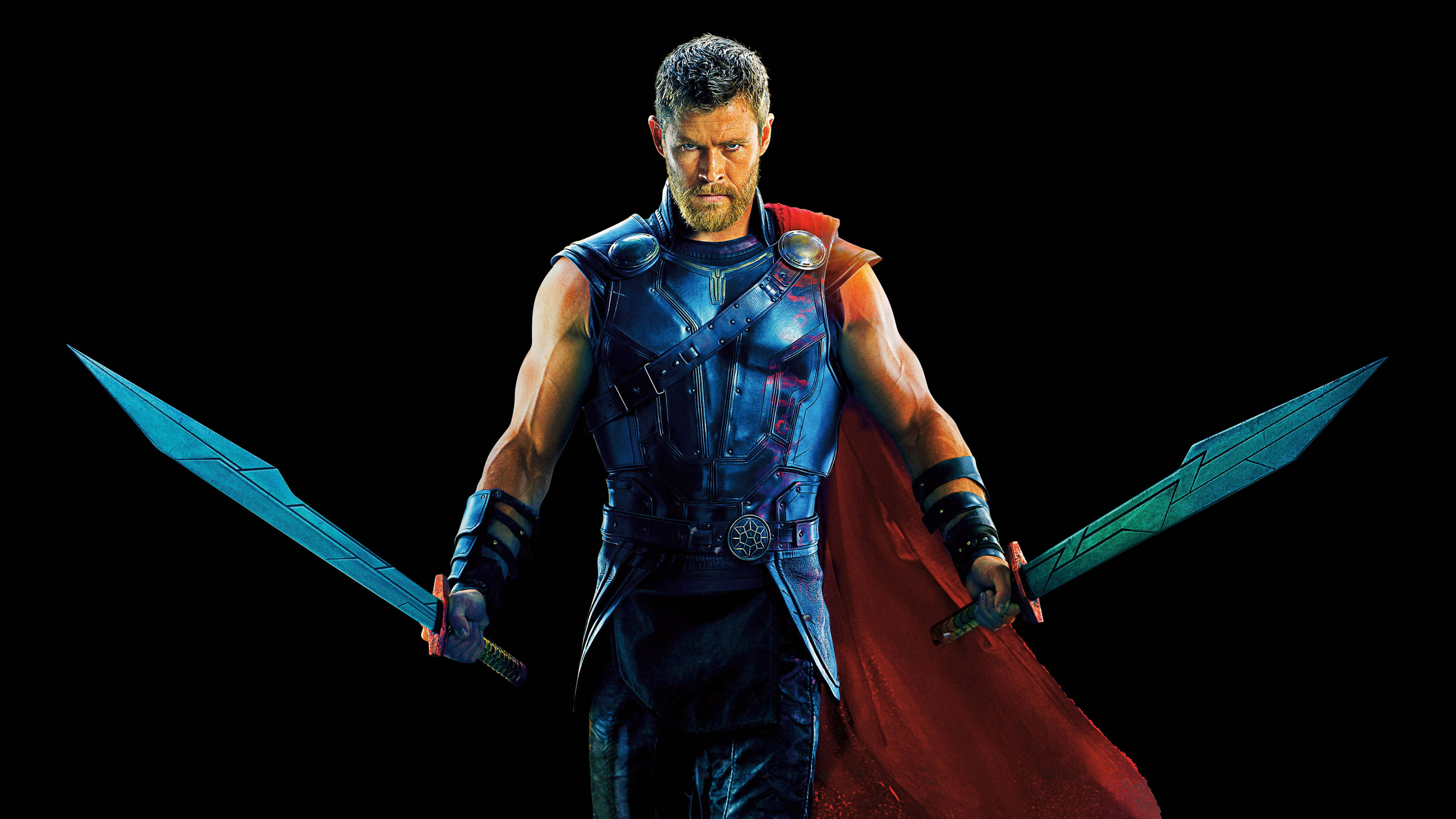 4K Thor, glowing blue swords, flowing red cape, 4K Desktop Wallpaper