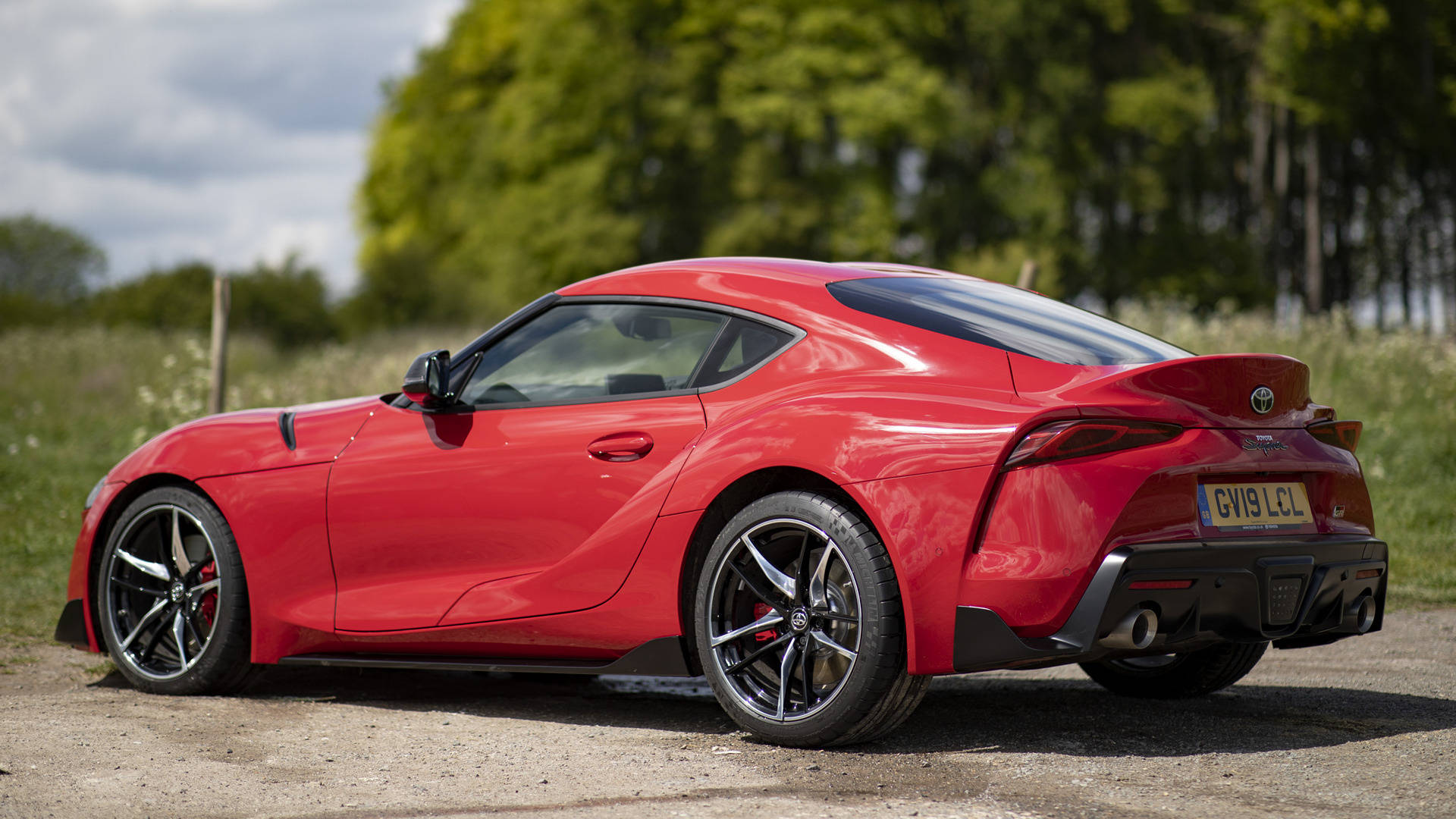 4K Toyota Supra, red, trees, Full HD Desktop Wallpaper