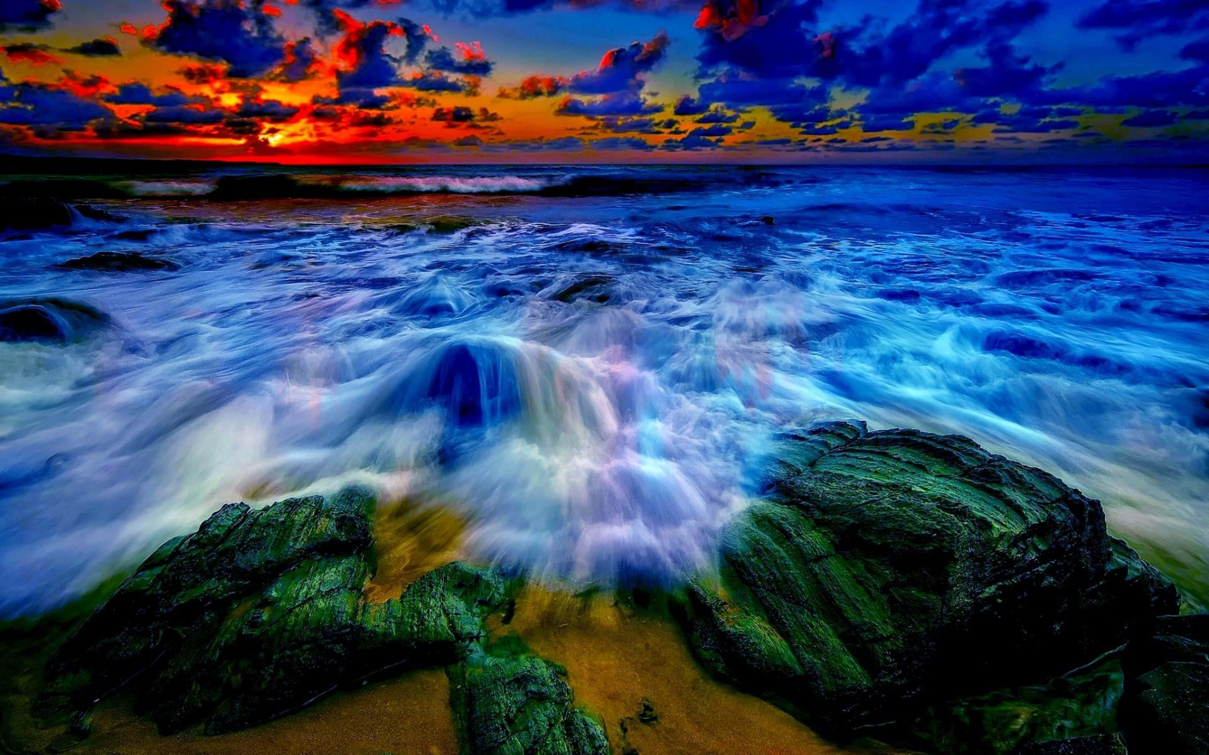 sunset, fiery reds, deep blues, 4K Desktop Wallpaper