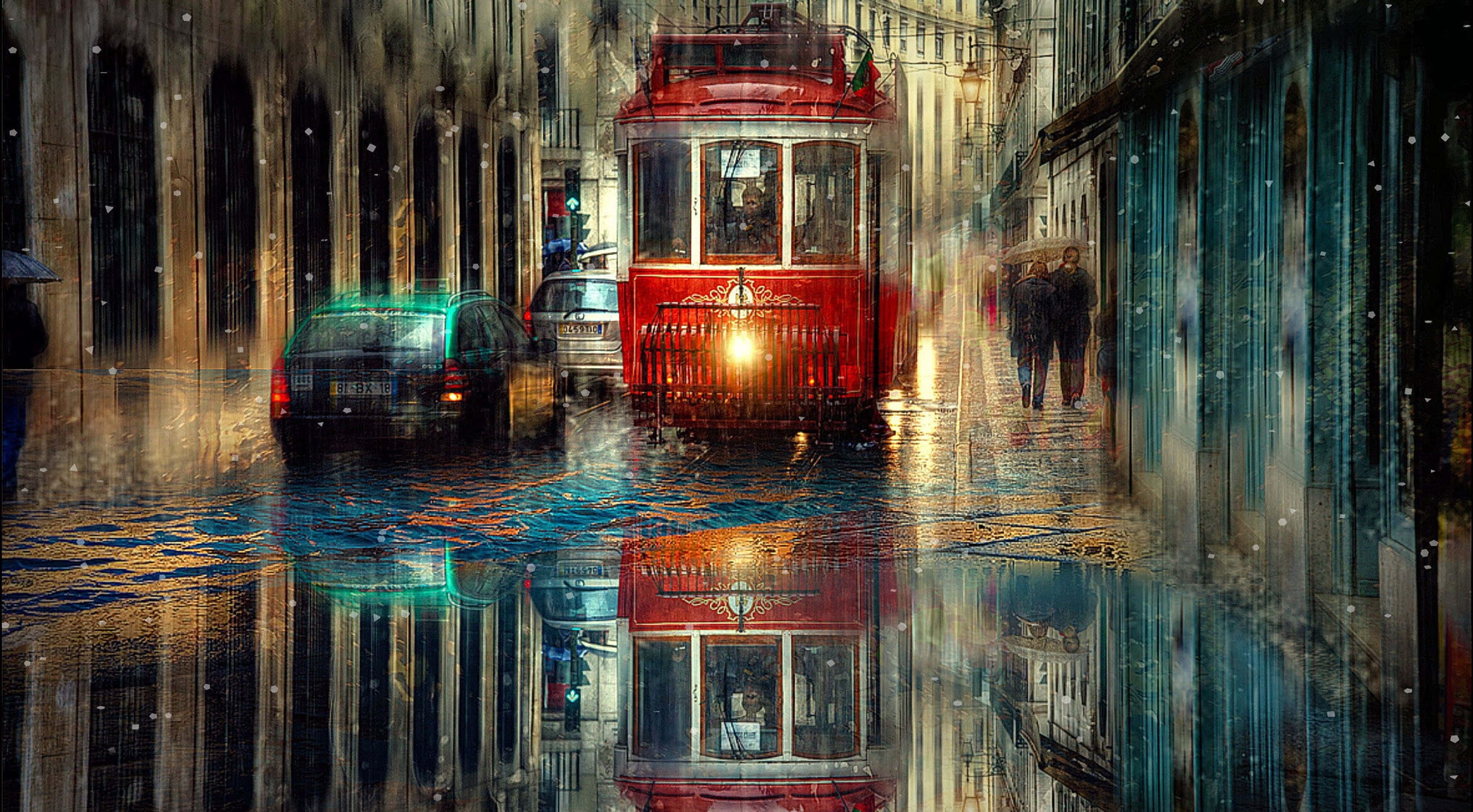 red tram, vintage tram, rain-slicked European street, 4K Desktop Wallpaper