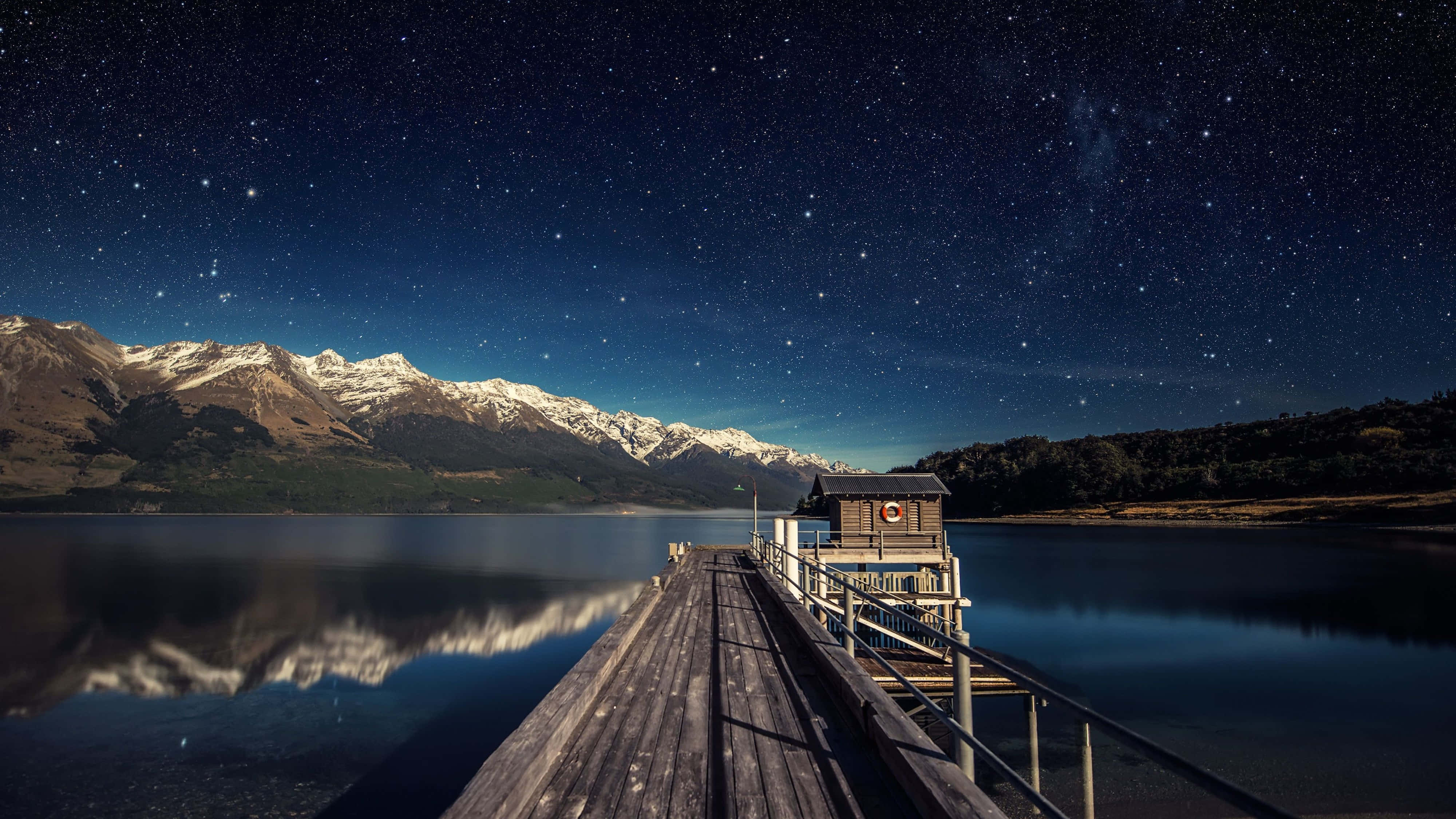 starry sky, mountains, wooden pier, 4K Desktop Wallpaper