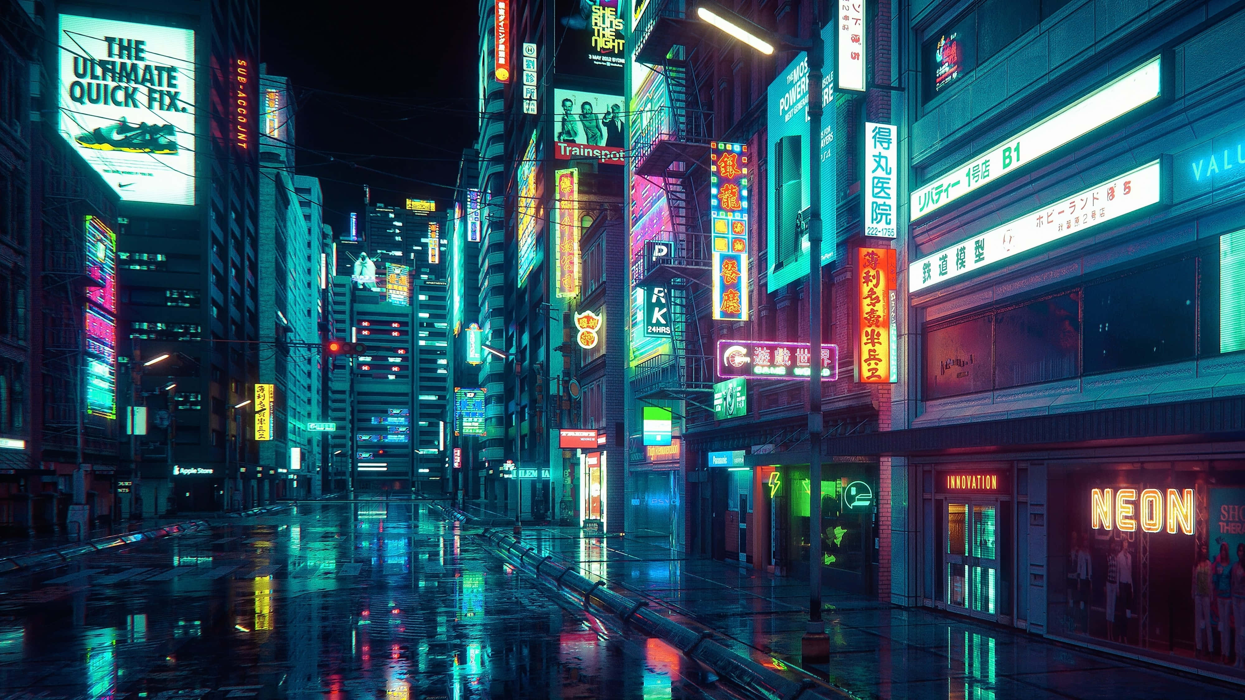 neon signs, neon-lit city street, towering buildings, 4K Desktop Wallpaper