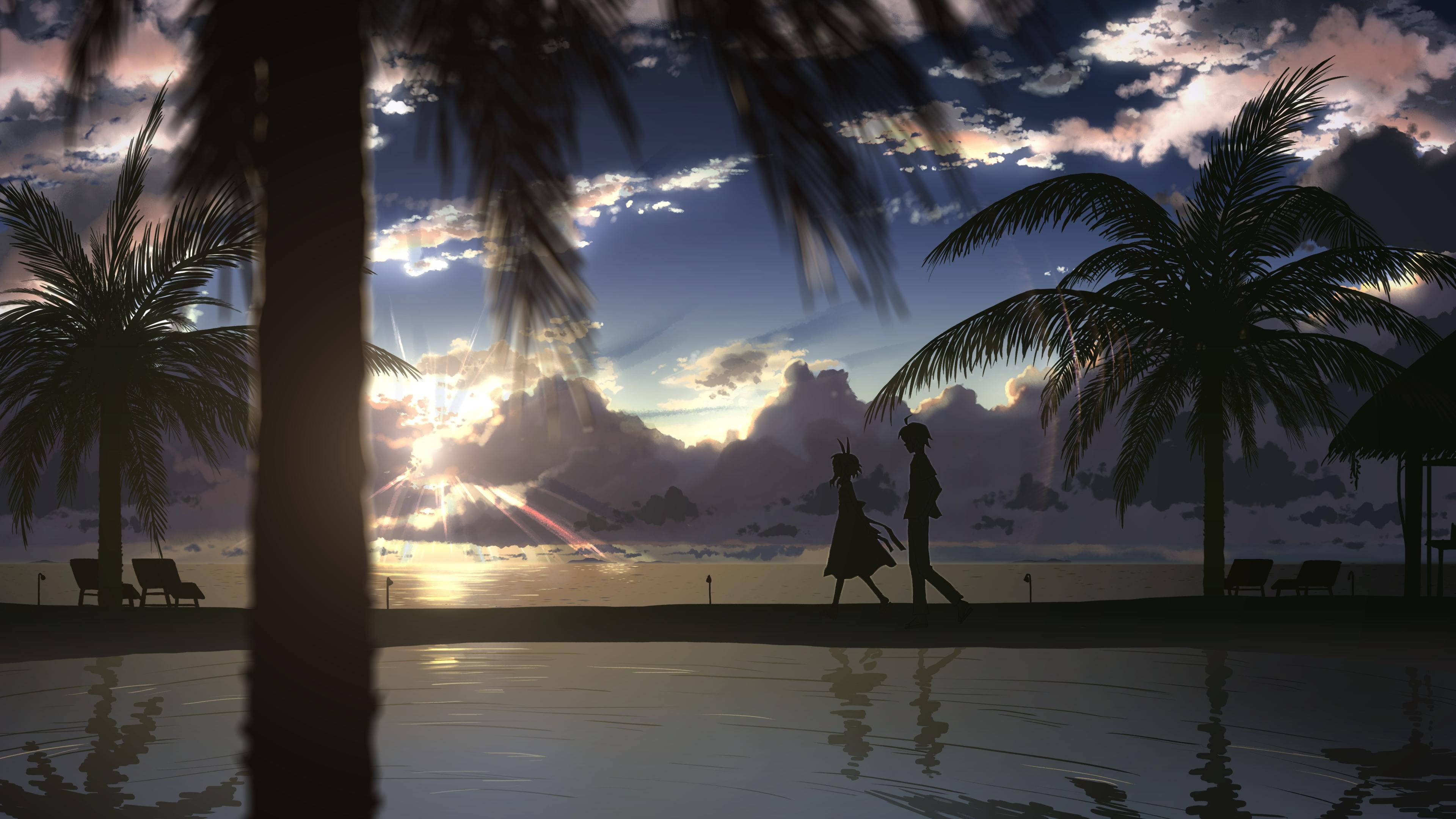 4K Ultra HD 2160p, anime silhouette, silhouetted couple, 4K Desktop Wallpaper