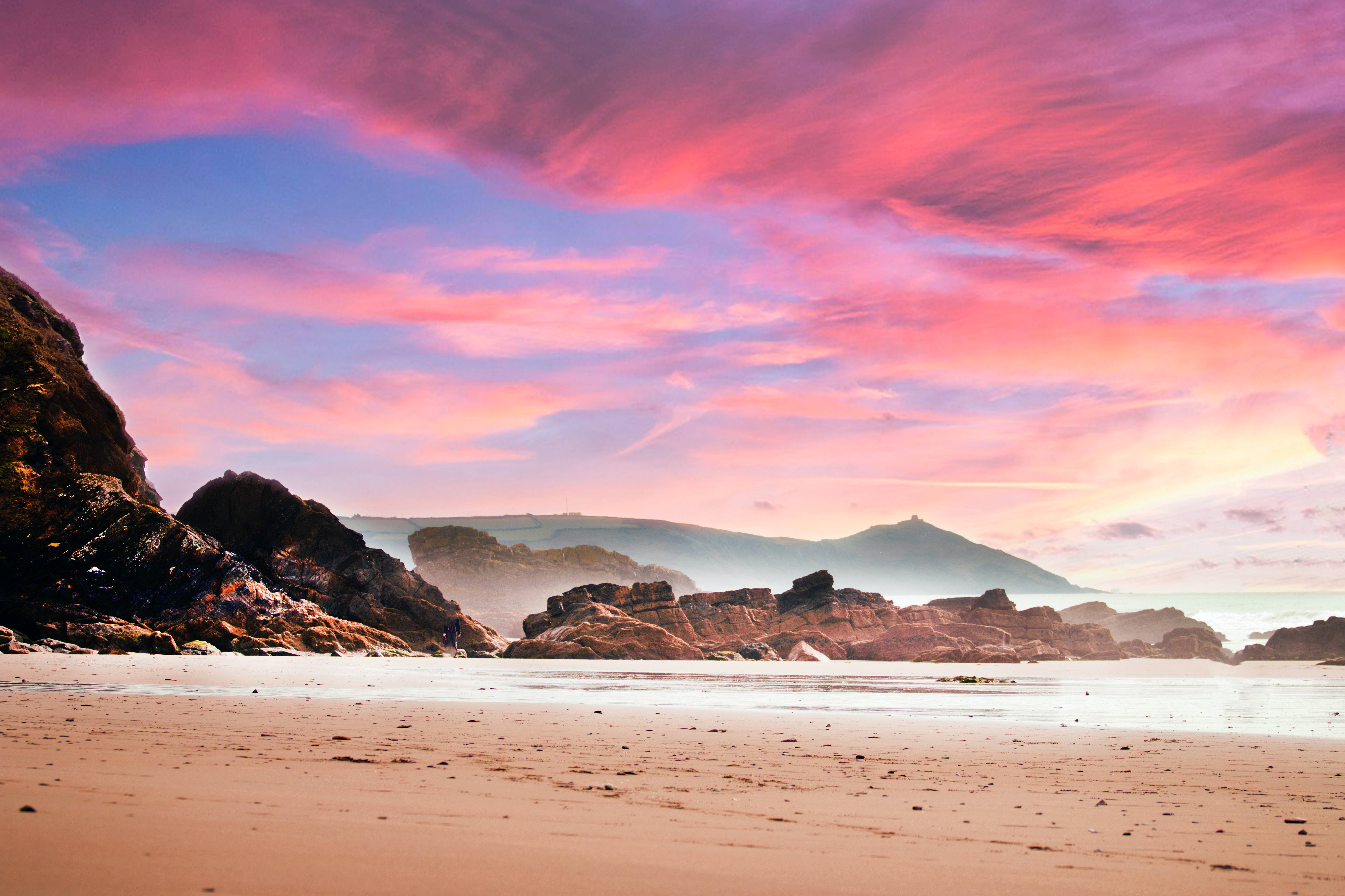4K Ultra HD Beach, pink skies, sunset, 5K Desktop Wallpaper