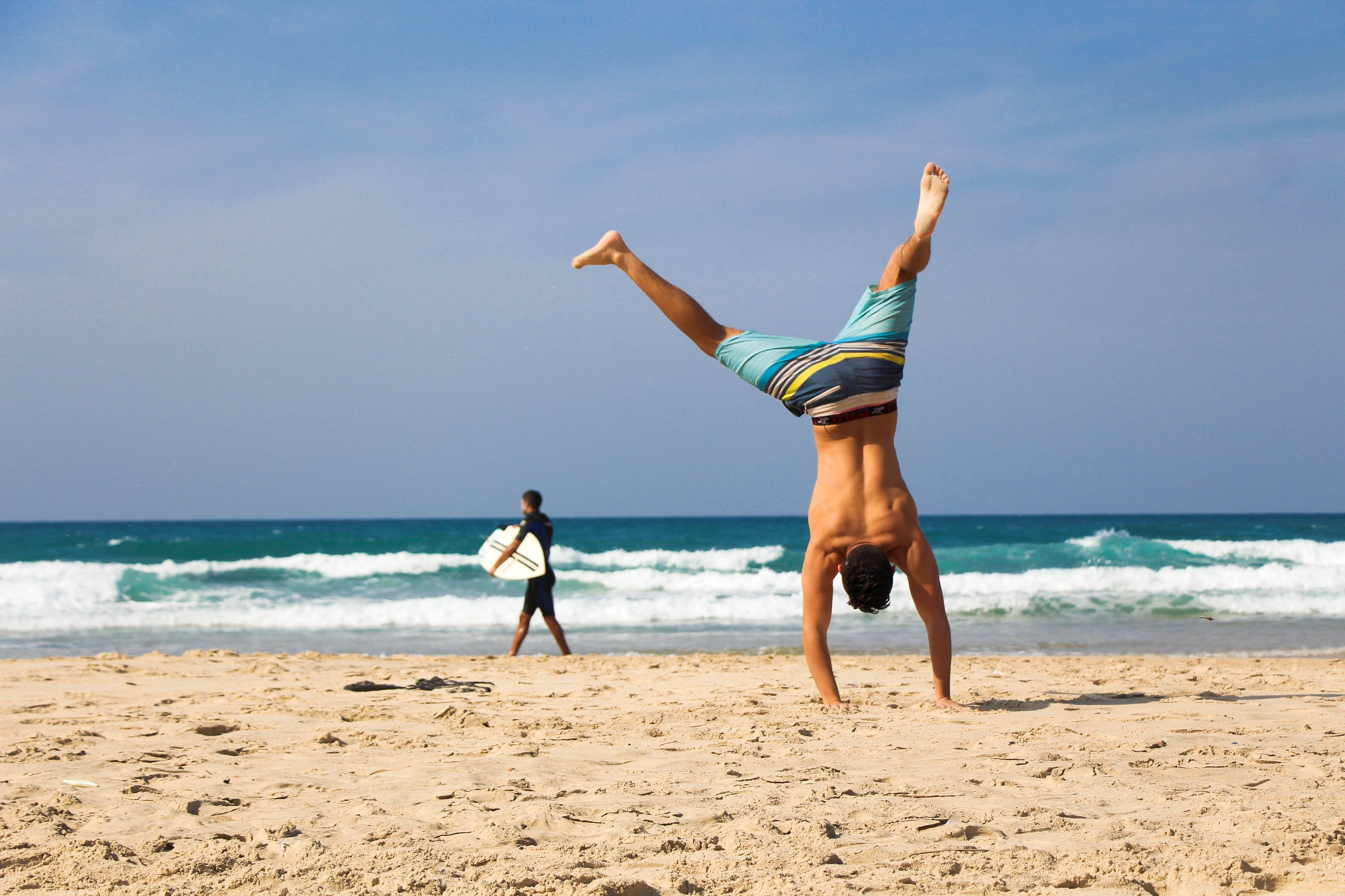 4K Ultra HD Beach, handstand, sandy beach, 5K Desktop Wallpaper